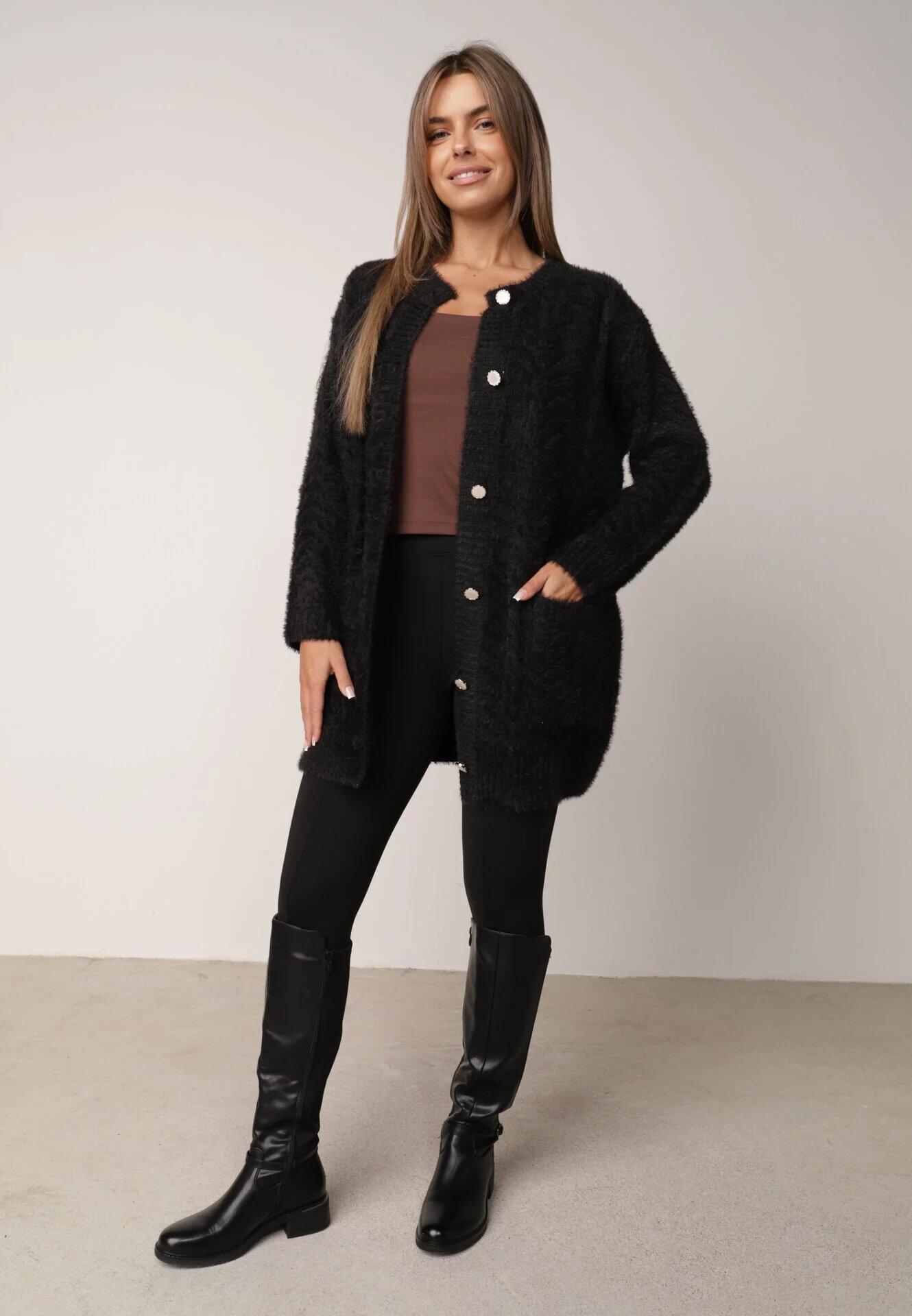 j&x Cardigan din lână croială lungă cu buzunare și nasturi decorativi Opejta Negru