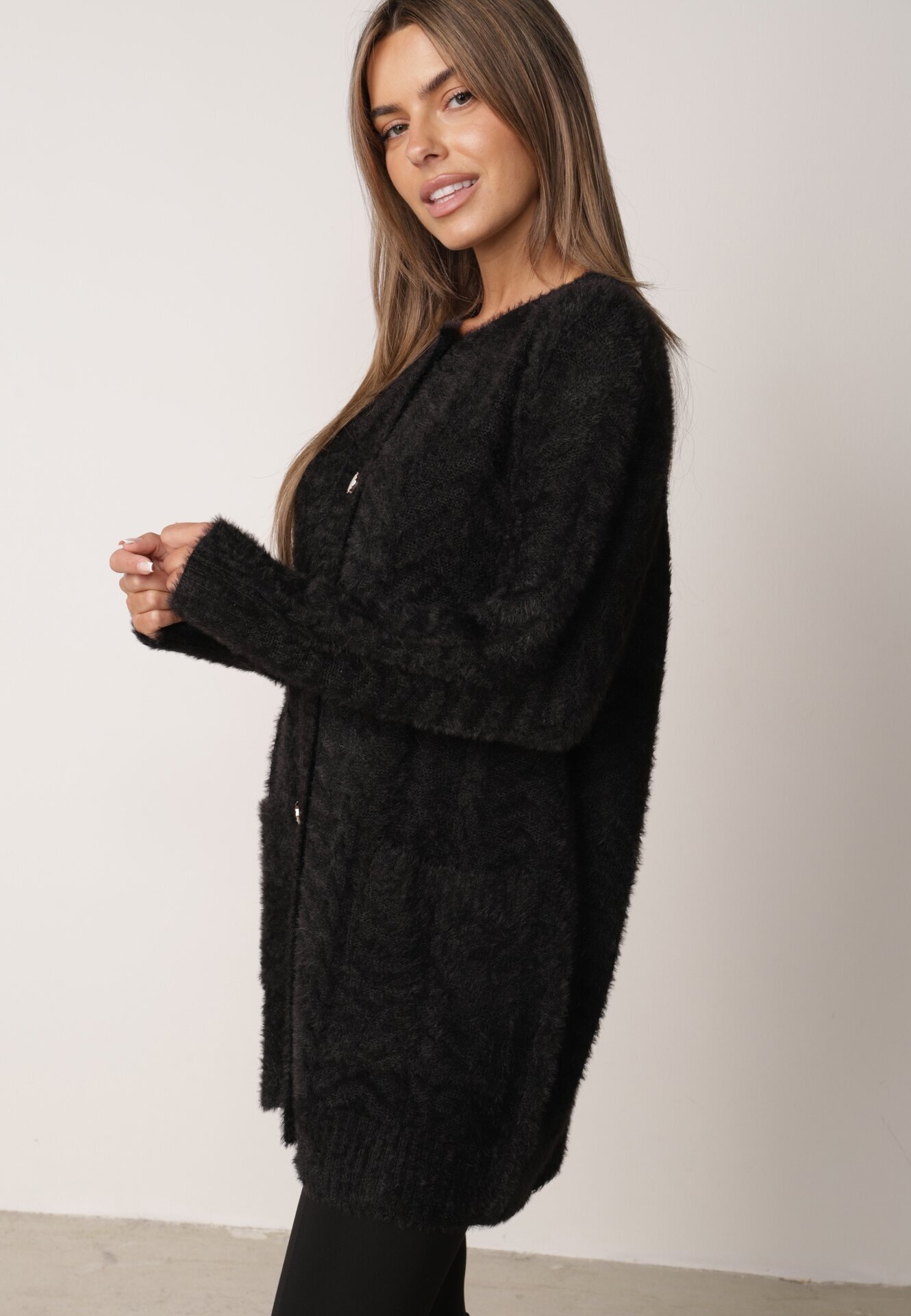j&x Cardigan din lână croială lungă cu buzunare și nasturi decorativi Opejta Negru