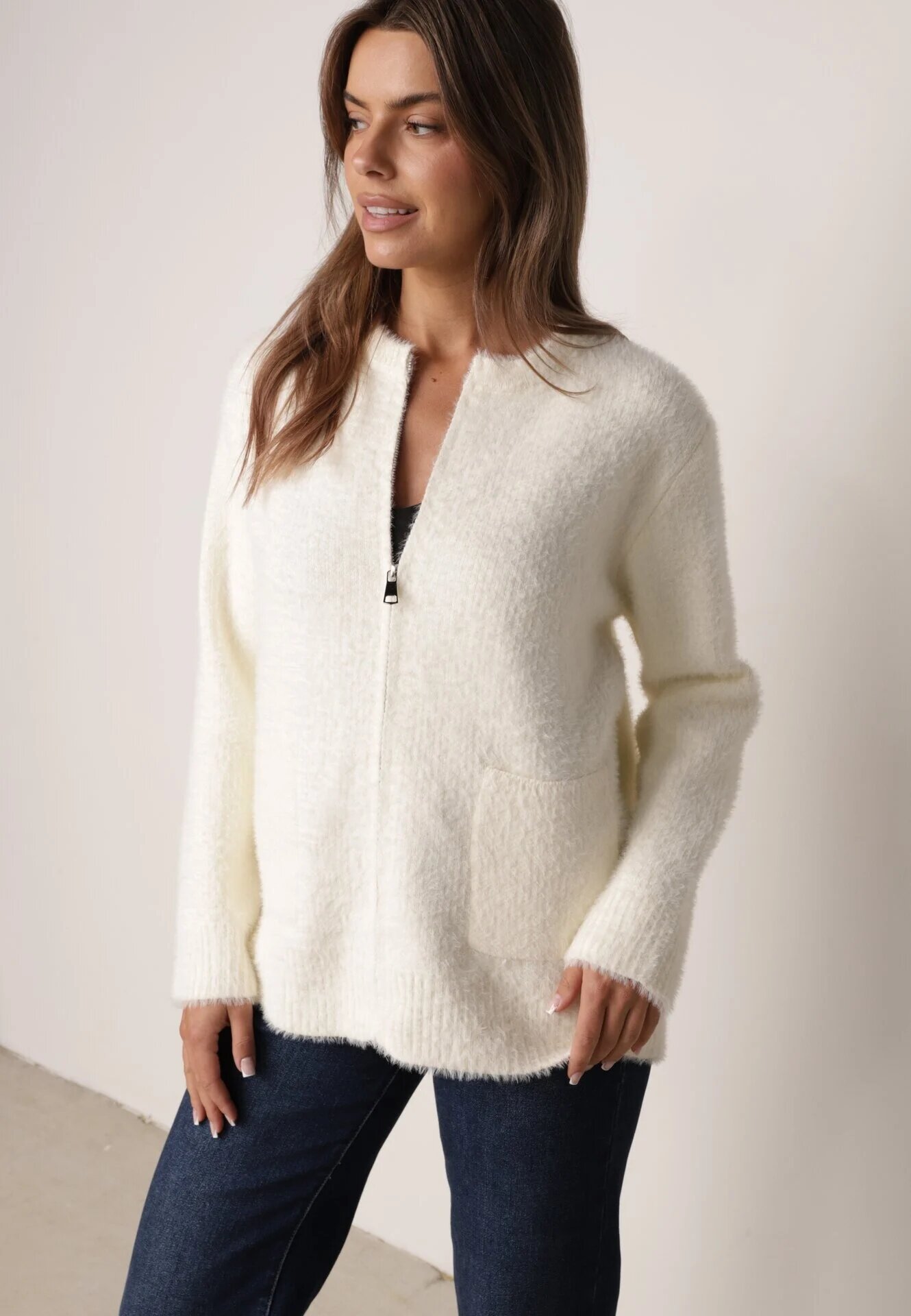 j&x Cardigan elegant cu fermoar din tricot pufos cu lână și bumbac bretele scurte Bej deschis