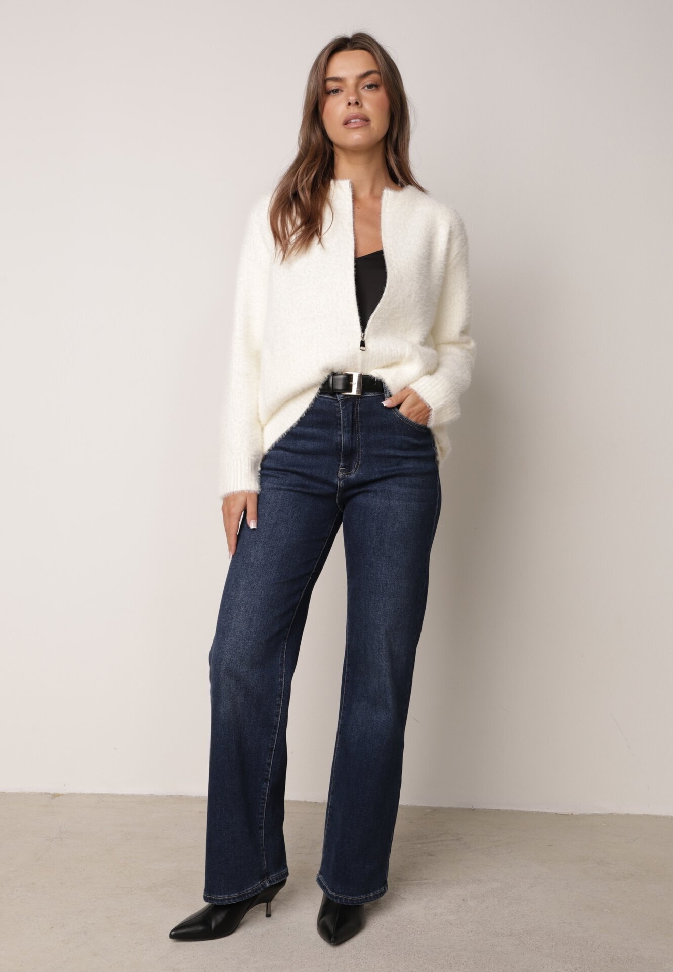 j&x Cardigan elegant cu fermoar din tricot pufos cu lână și bumbac bretele scurte Bej deschis