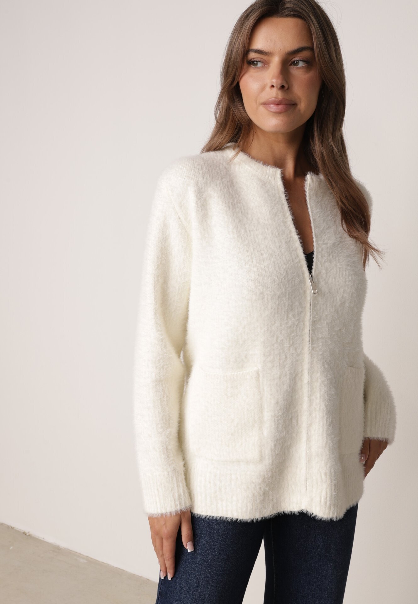 j&x Cardigan elegant cu fermoar din tricot pufos cu lână și bumbac bretele scurte Bej deschis