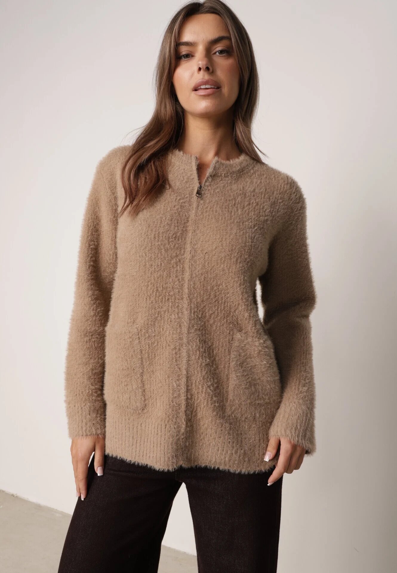 j&x Cardigan elegant cu fermoar din tricot pufos cu lână și bumbac bretele scurte Bej închis