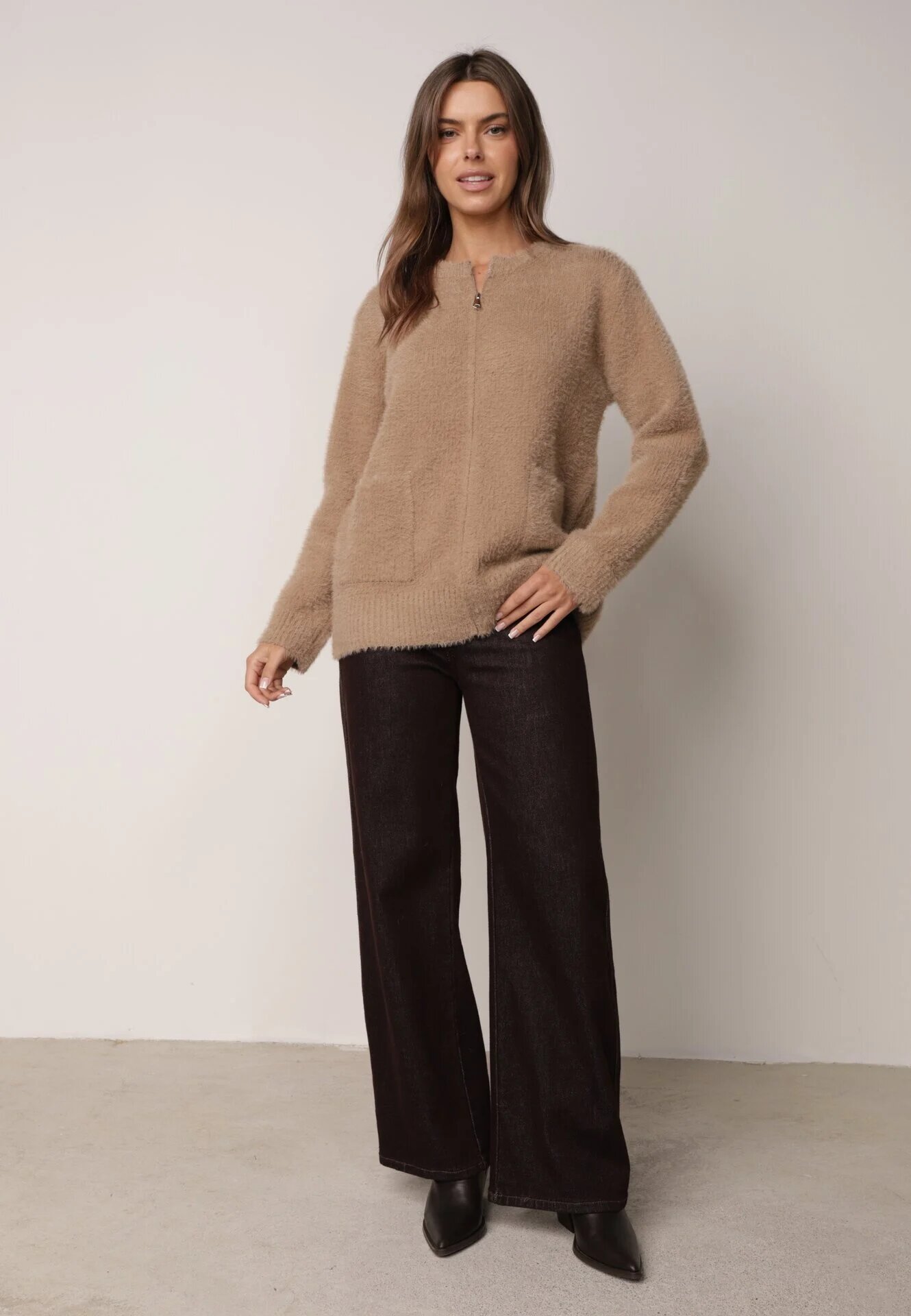 j&x Cardigan elegant cu fermoar din tricot pufos cu lână și bumbac bretele scurte Bej închis