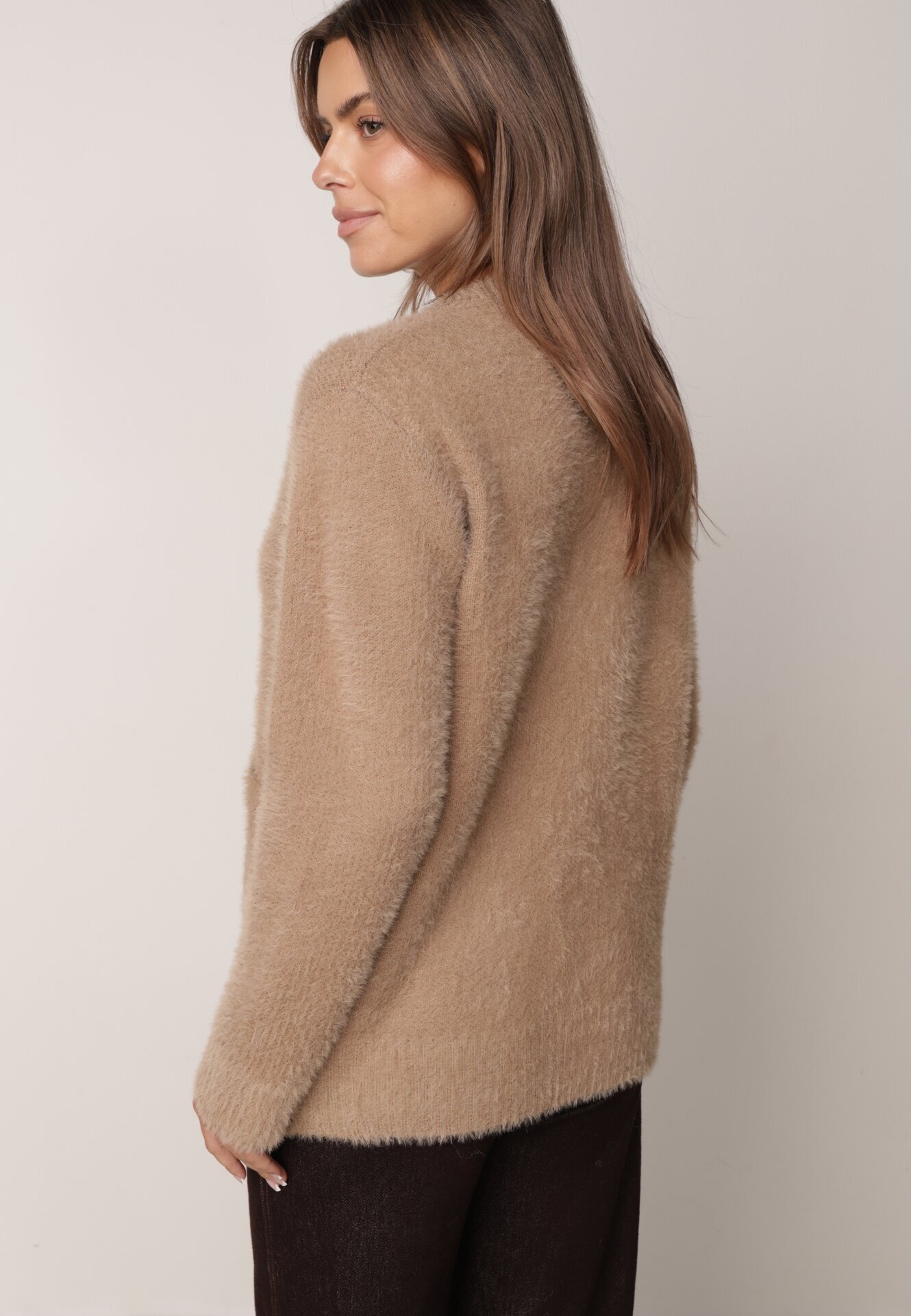 j&x Cardigan elegant cu fermoar din tricot pufos cu lână și bumbac bretele scurte Bej închis