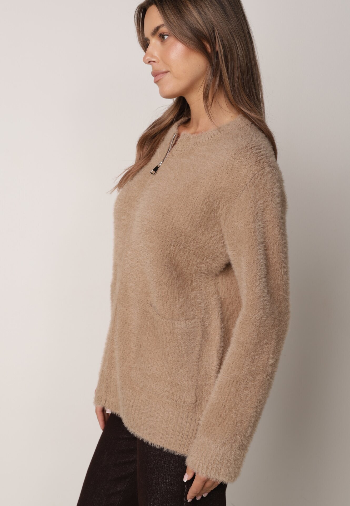 j&x Cardigan elegant cu fermoar din tricot pufos cu lână și bumbac bretele scurte Bej închis