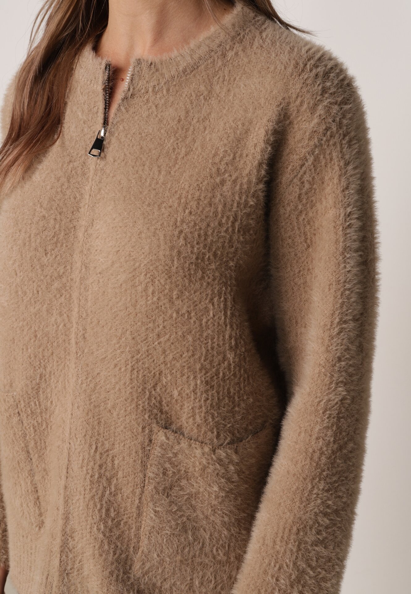 j&x Cardigan elegant cu fermoar din tricot pufos cu lână și bumbac bretele scurte Bej închis