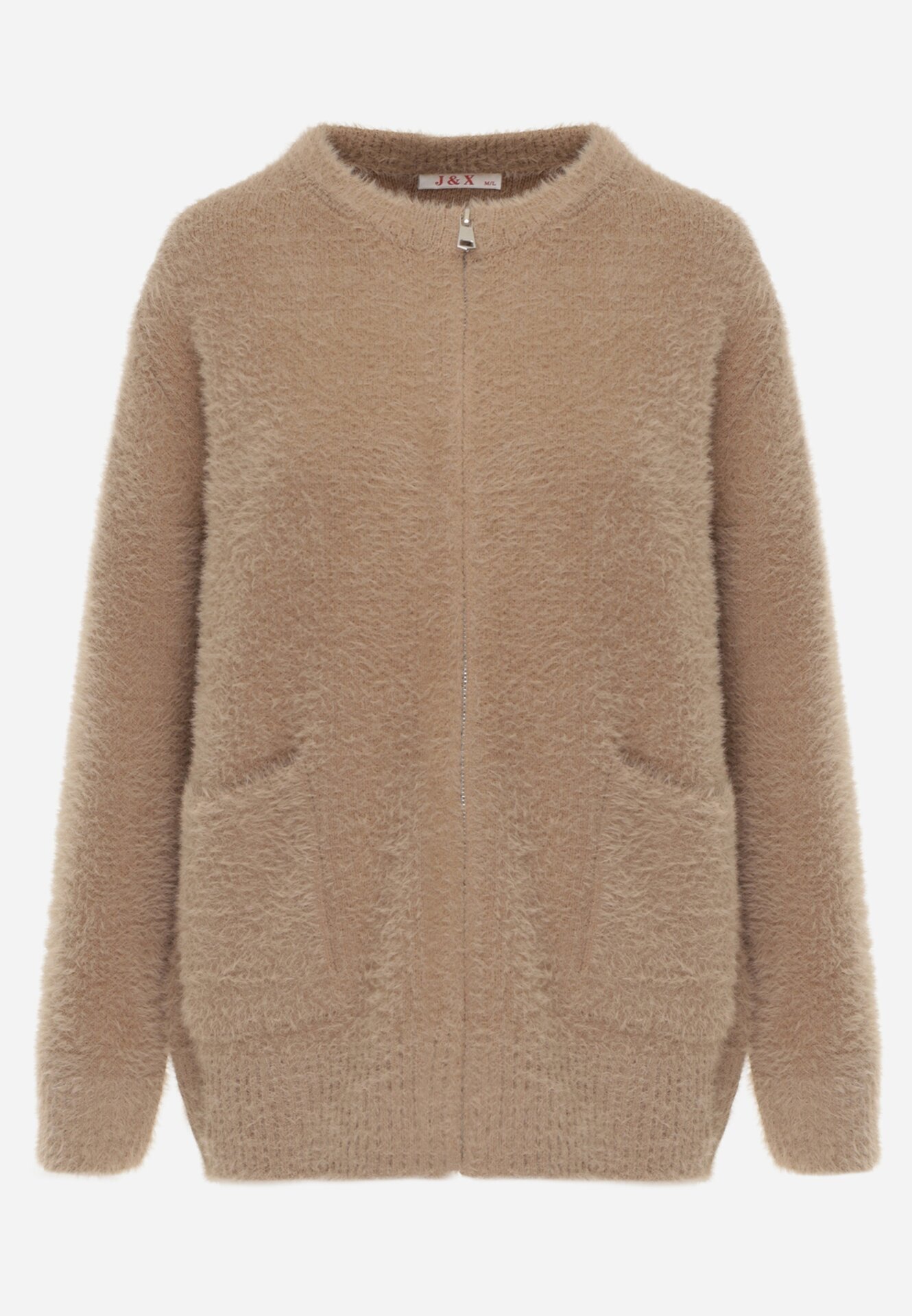 j&x Cardigan elegant cu fermoar din tricot pufos cu lână și bumbac bretele scurte Bej închis