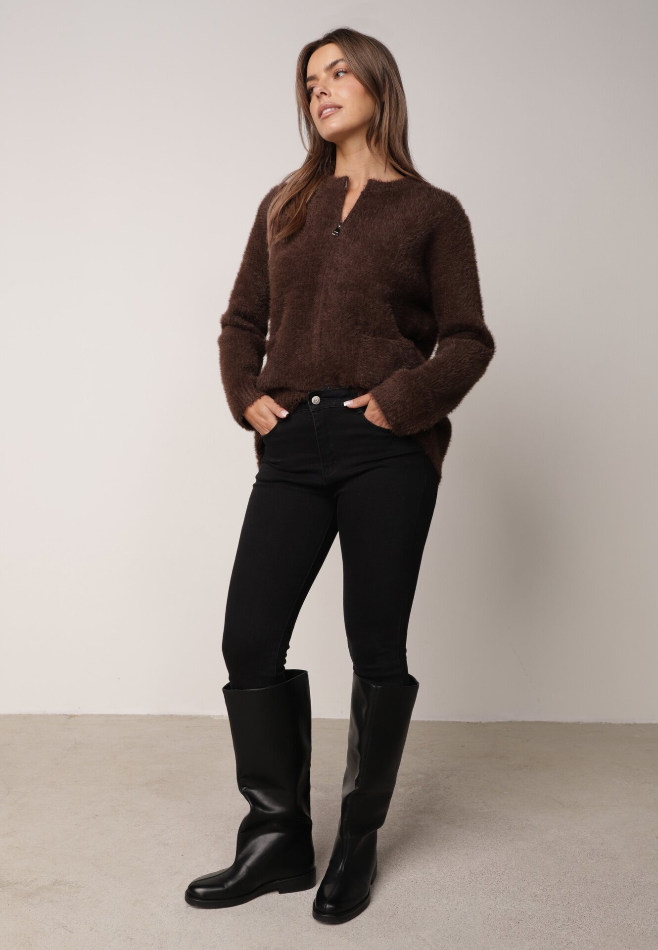 j&x Cardigan elegant cu fermoar din tricot pufos cu lână și bumbac bretele scurte Maro