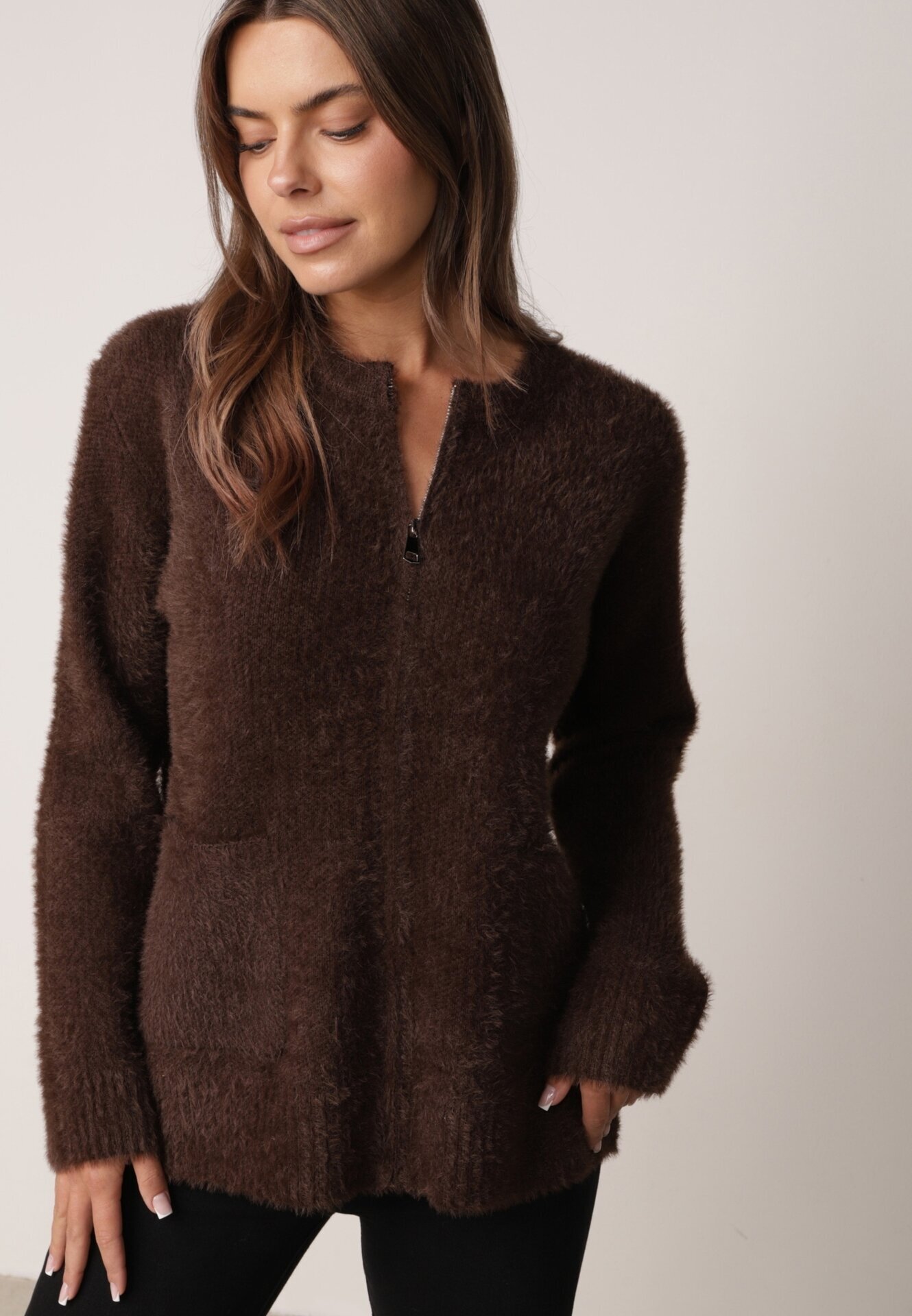 j&x Cardigan elegant cu fermoar din tricot pufos cu lână și bumbac bretele scurte Maro