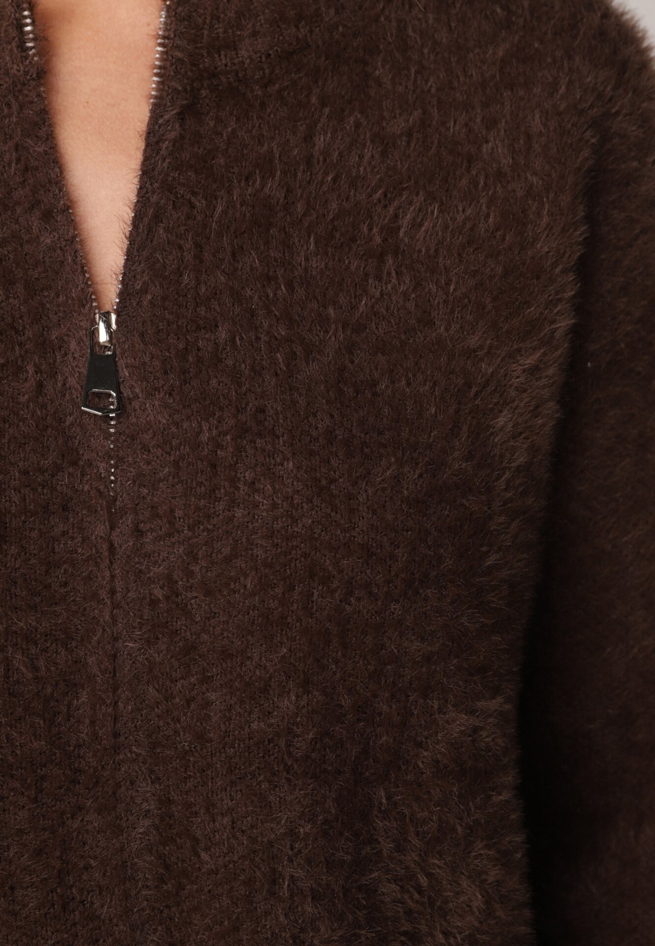 j&x Cardigan elegant cu fermoar din tricot pufos cu lână și bumbac bretele scurte Maro