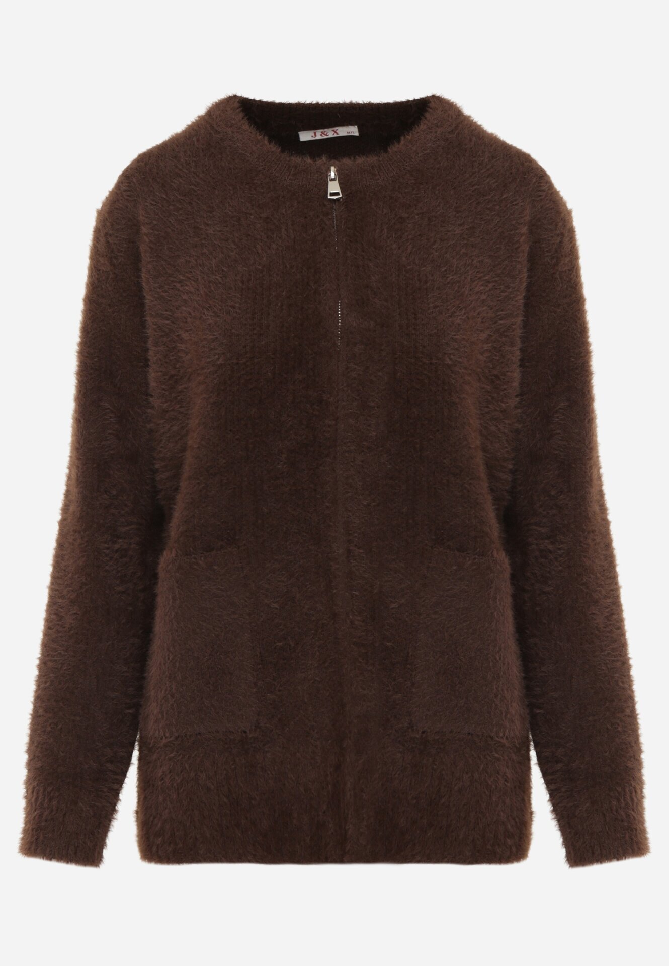 j&x Cardigan elegant cu fermoar din tricot pufos cu lână și bumbac bretele scurte Maro