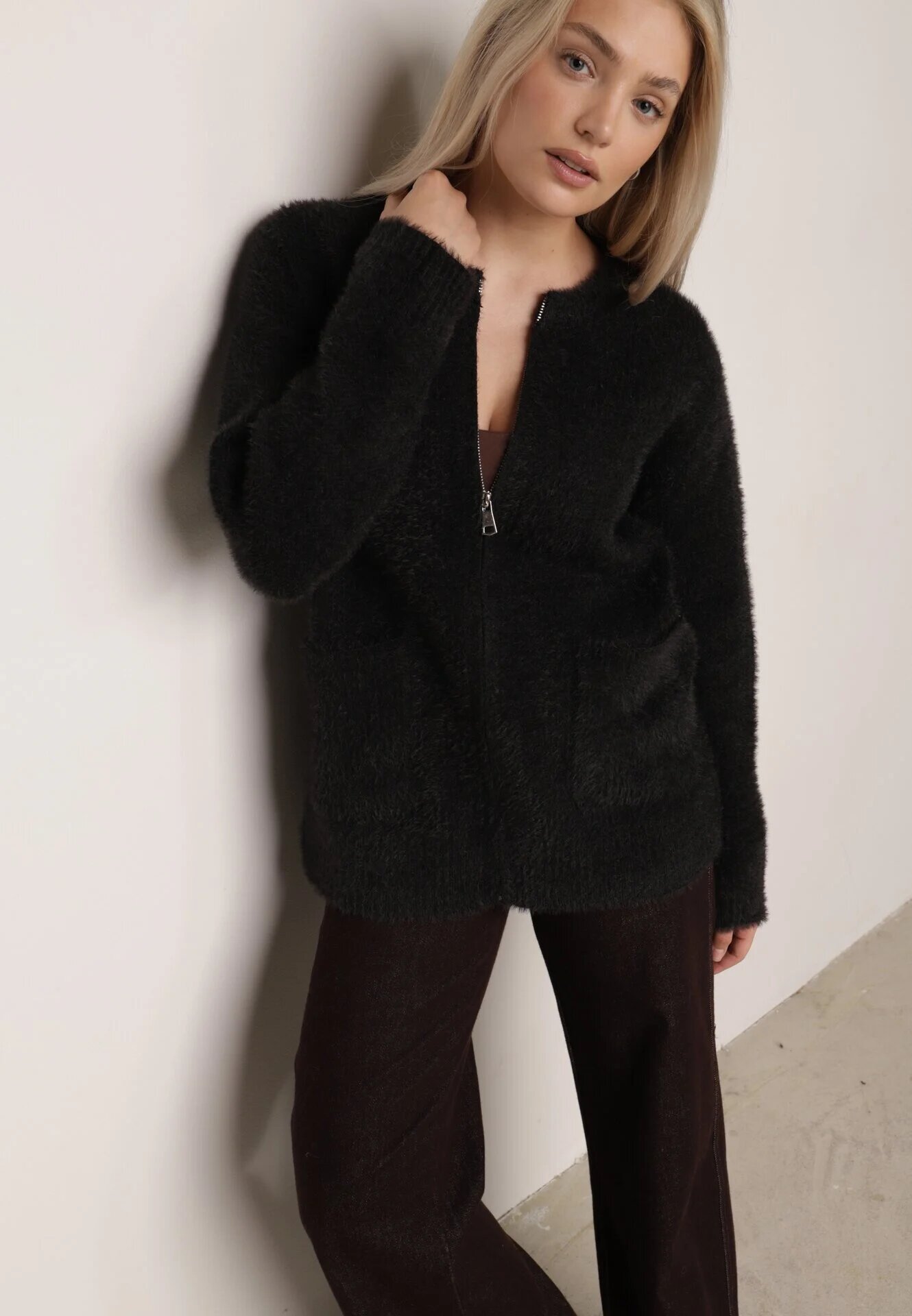 j&x Cardigan elegant cu fermoar din tricot pufos cu lână și bumbac bretele scurte Negru