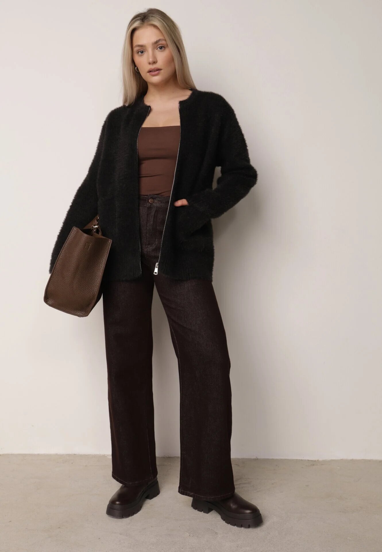 j&x Cardigan elegant cu fermoar din tricot pufos cu lână și bumbac bretele scurte Negru