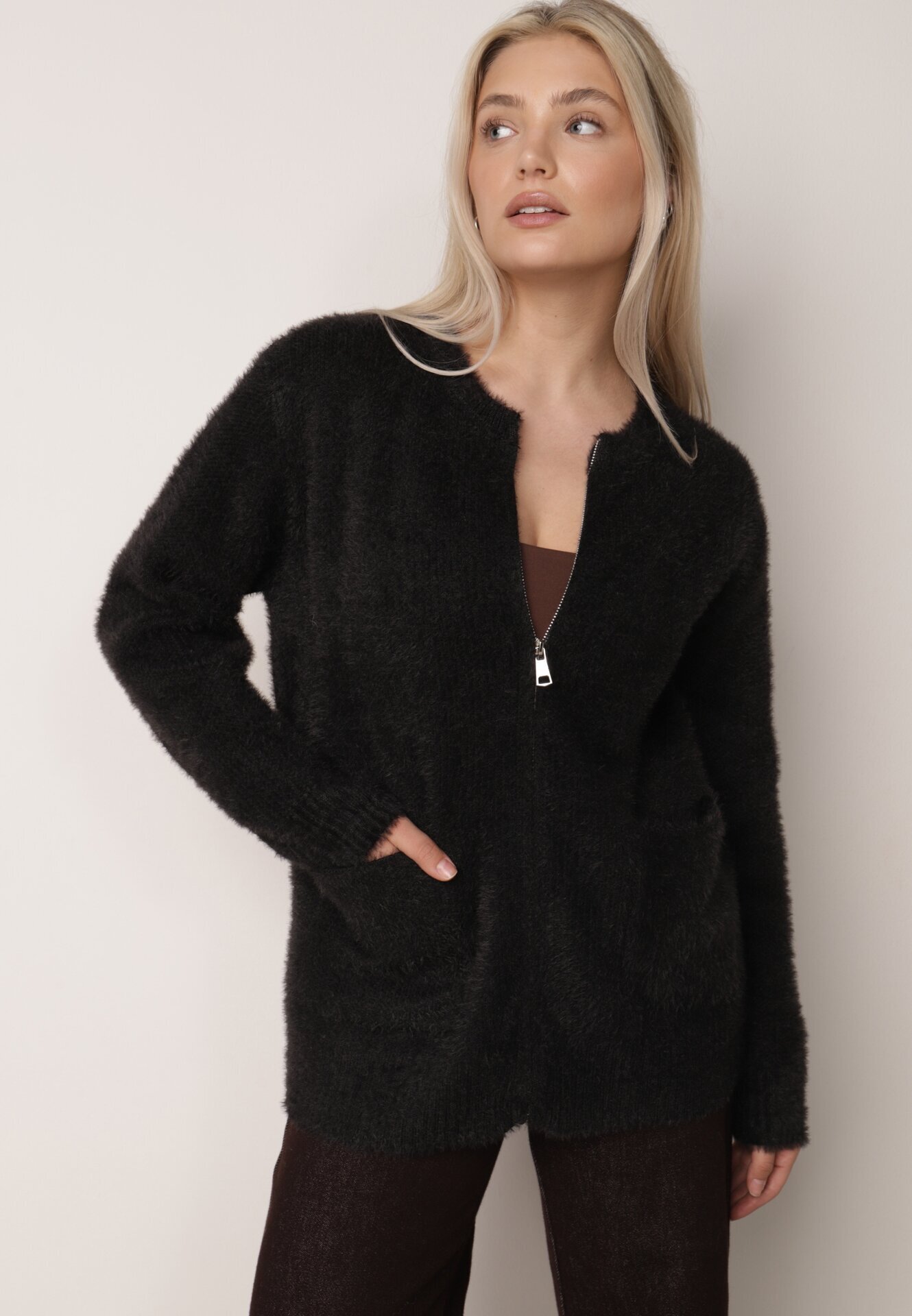 j&x Cardigan elegant cu fermoar din tricot pufos cu lână și bumbac bretele scurte Negru