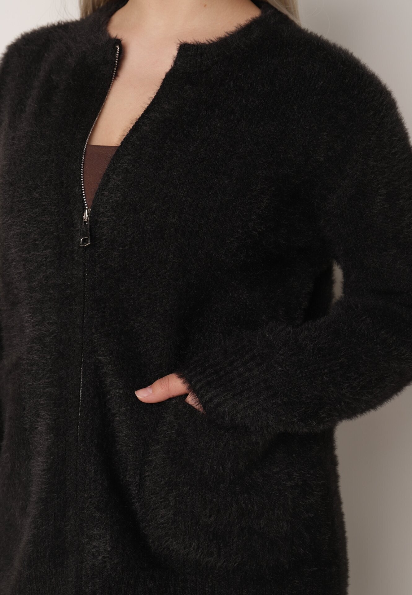 j&x Cardigan elegant cu fermoar din tricot pufos cu lână și bumbac bretele scurte Negru