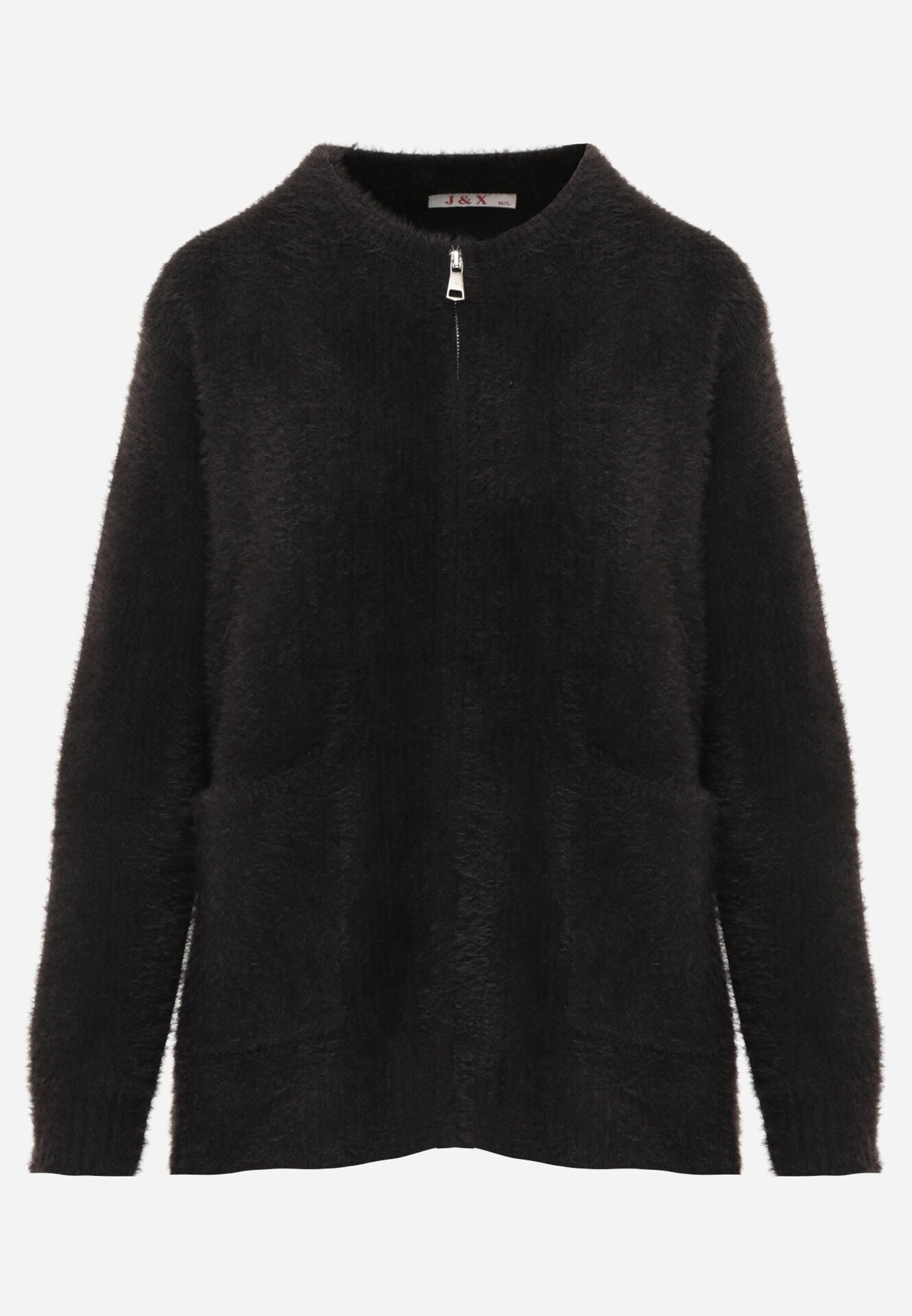 j&x Cardigan elegant cu fermoar din tricot pufos cu lână și bumbac bretele scurte Negru