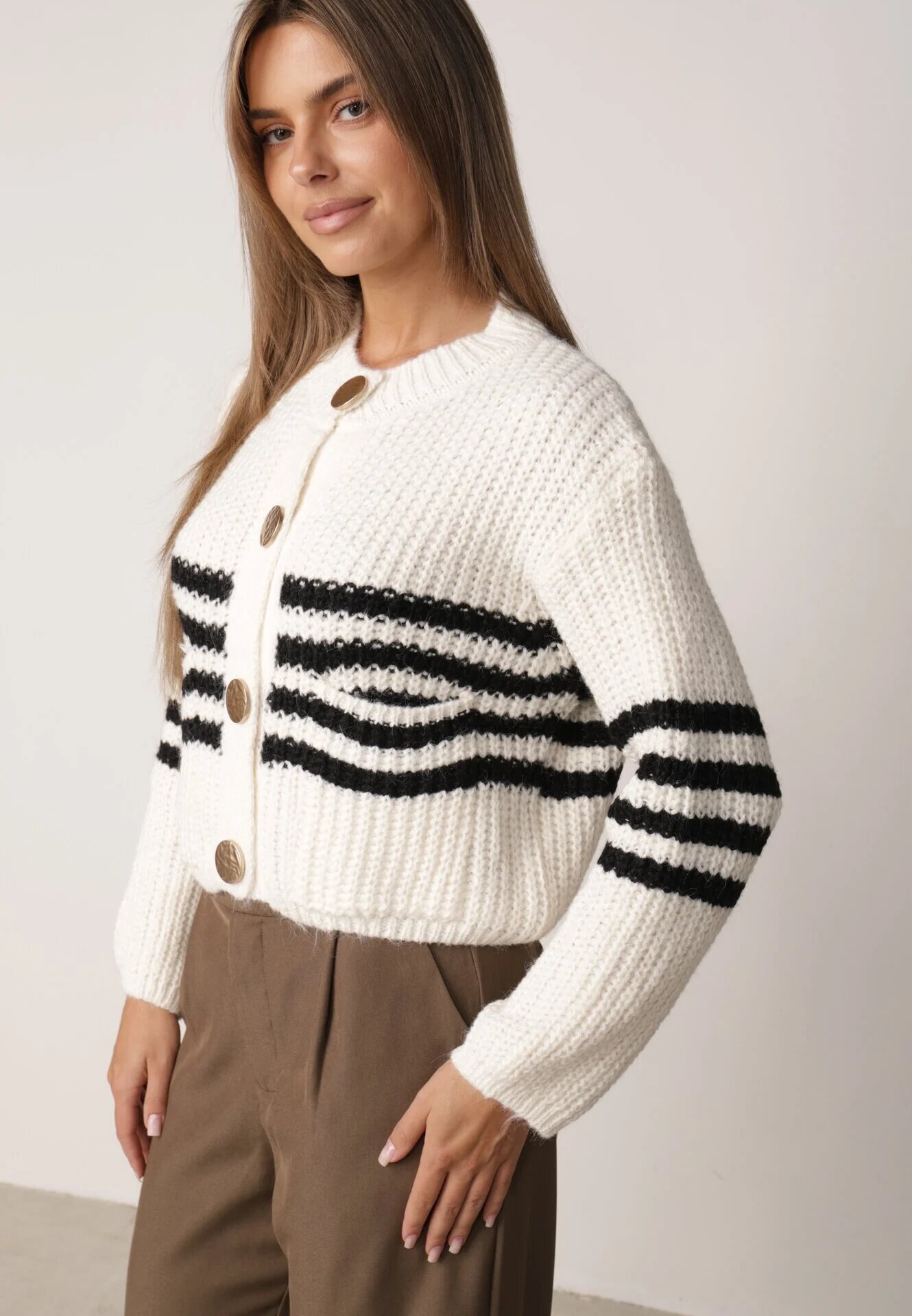 j&x Cardigan elegant cu lână în dungi Werise Bej deschis