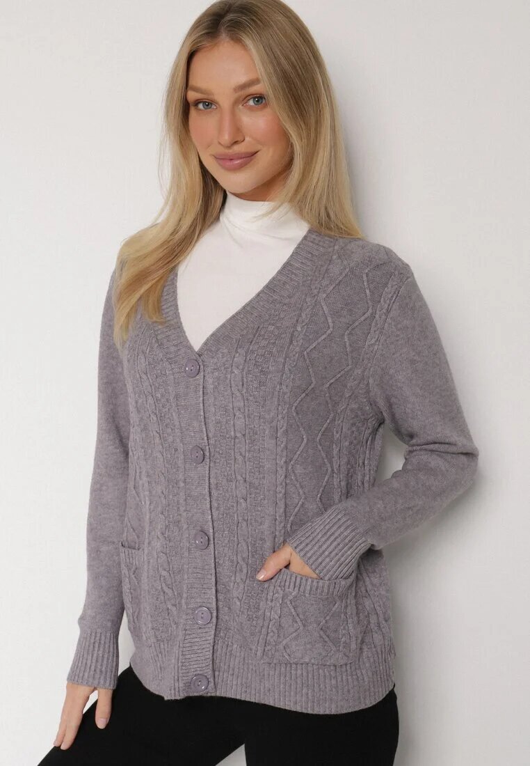 j&x Cardigan Gri din bumbac decorat cu model împletit și buzunare Mevesava