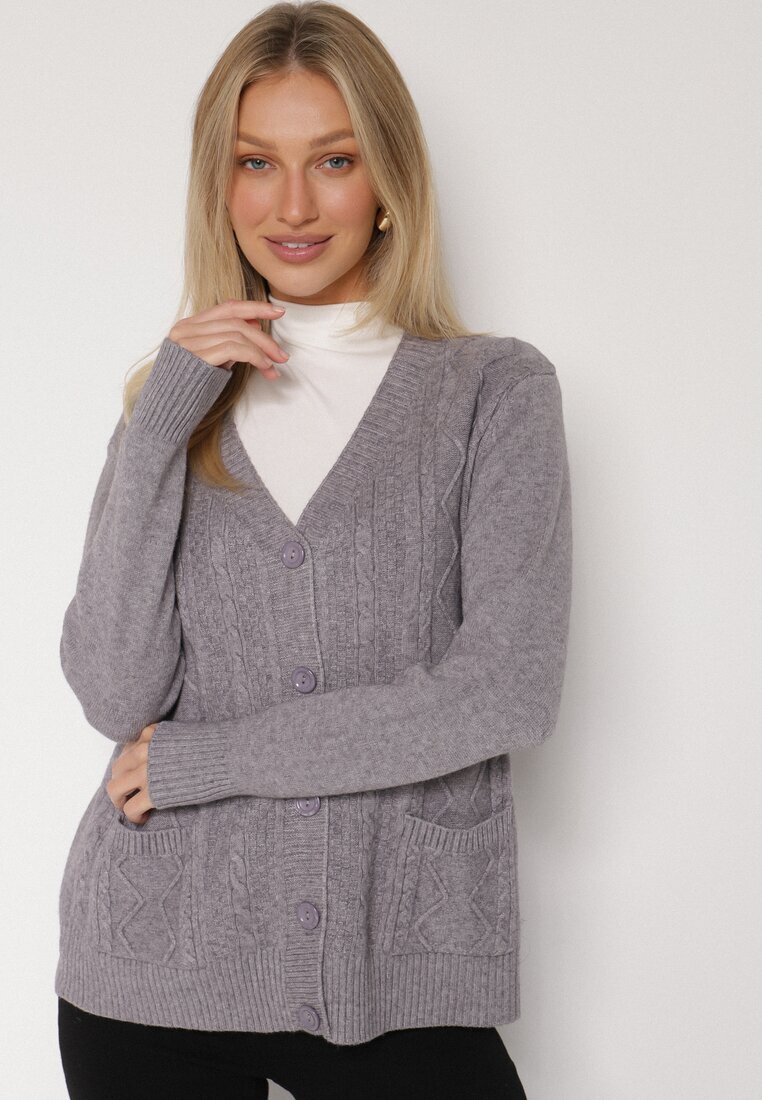 j&x Cardigan Gri din bumbac decorat cu model împletit și buzunare Mevesava