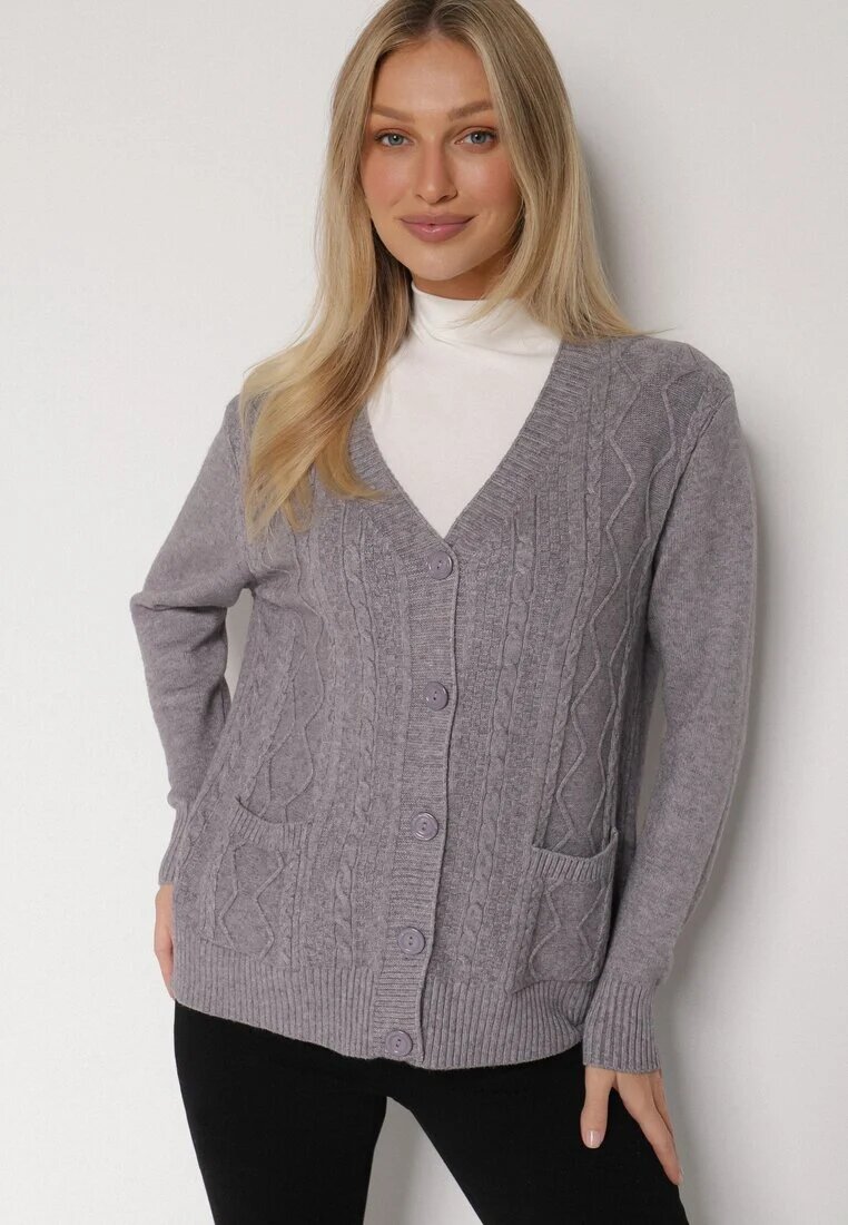 j&x Cardigan Gri din bumbac decorat cu model împletit și buzunare Mevesava