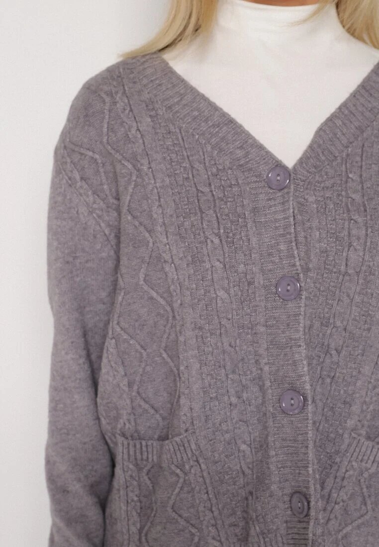 j&x Cardigan Gri din bumbac decorat cu model împletit și buzunare Mevesava