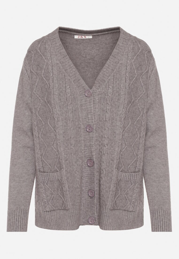 j&x Cardigan Gri din bumbac decorat cu model împletit și buzunare Mevesava