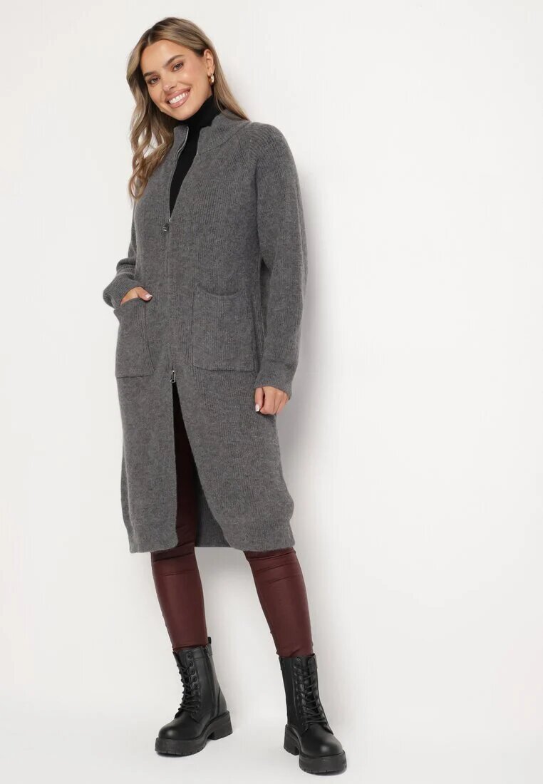 j&x Cardigan Gri închis din Lână cu Croială Dreaptă Lungă cu Guler Înalt cu Fermoar Boniala