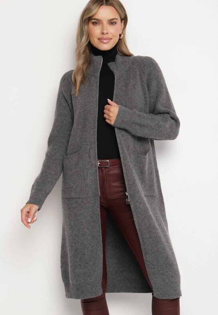 j&x Cardigan Gri închis din Lână cu Croială Dreaptă Lungă cu Guler Înalt cu Fermoar Boniala