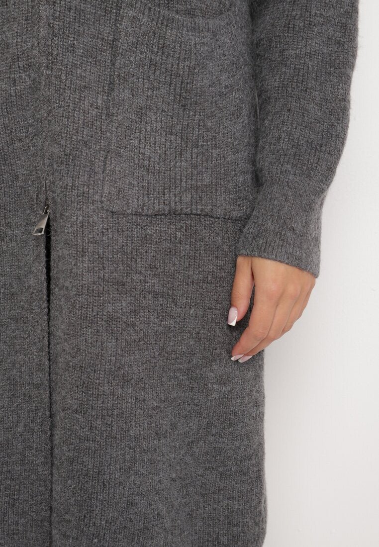 j&x Cardigan Gri închis din Lână cu Croială Dreaptă Lungă cu Guler Înalt cu Fermoar Boniala