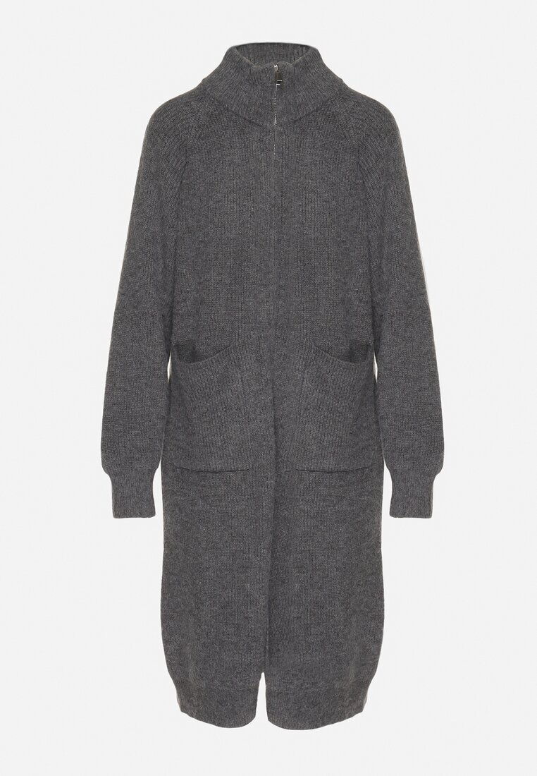 j&x Cardigan Gri închis din Lână cu Croială Dreaptă Lungă cu Guler Înalt cu Fermoar Boniala