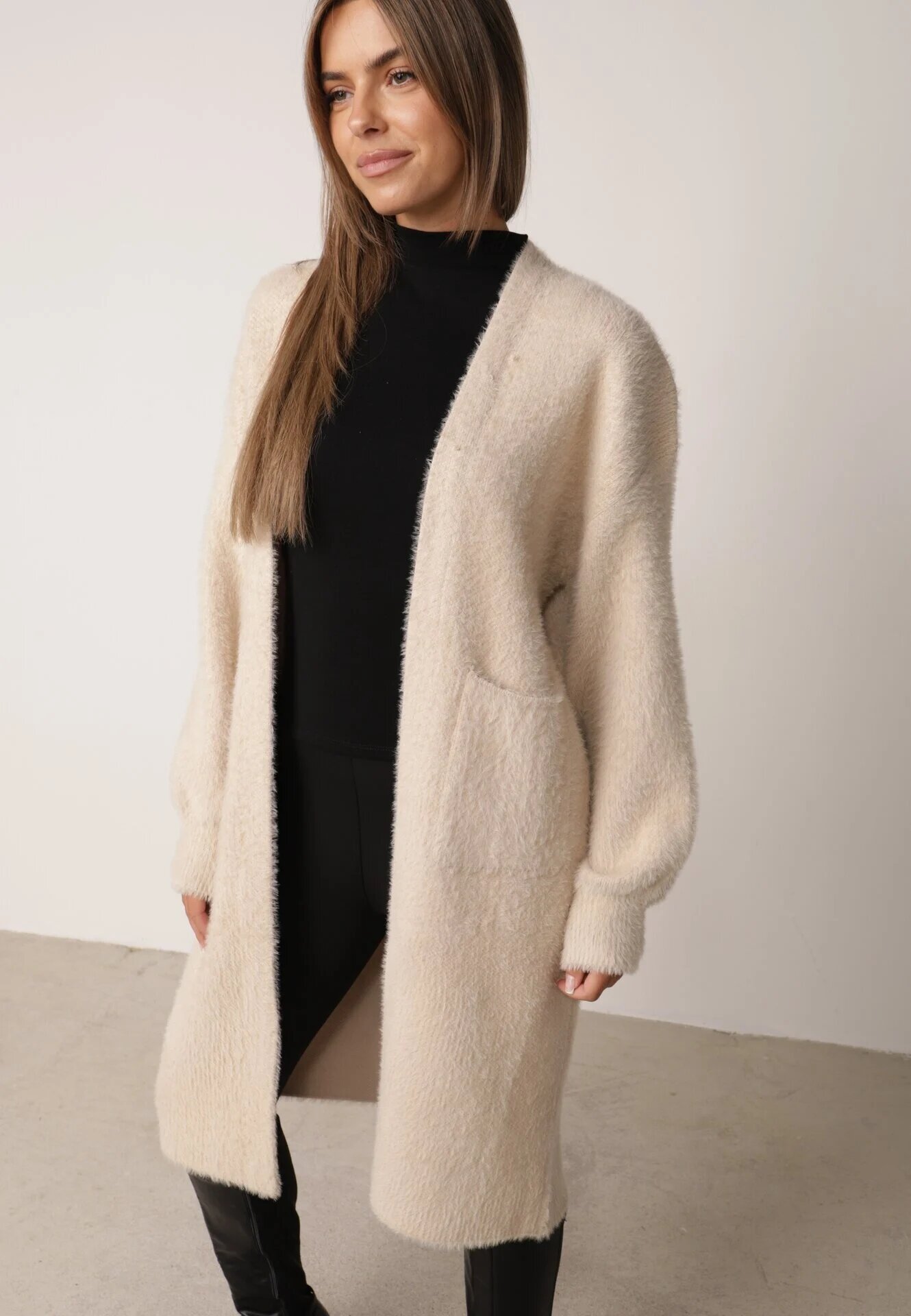 j&x Cardigan lung cu bumbac și lână fără închidere Junibe Bej