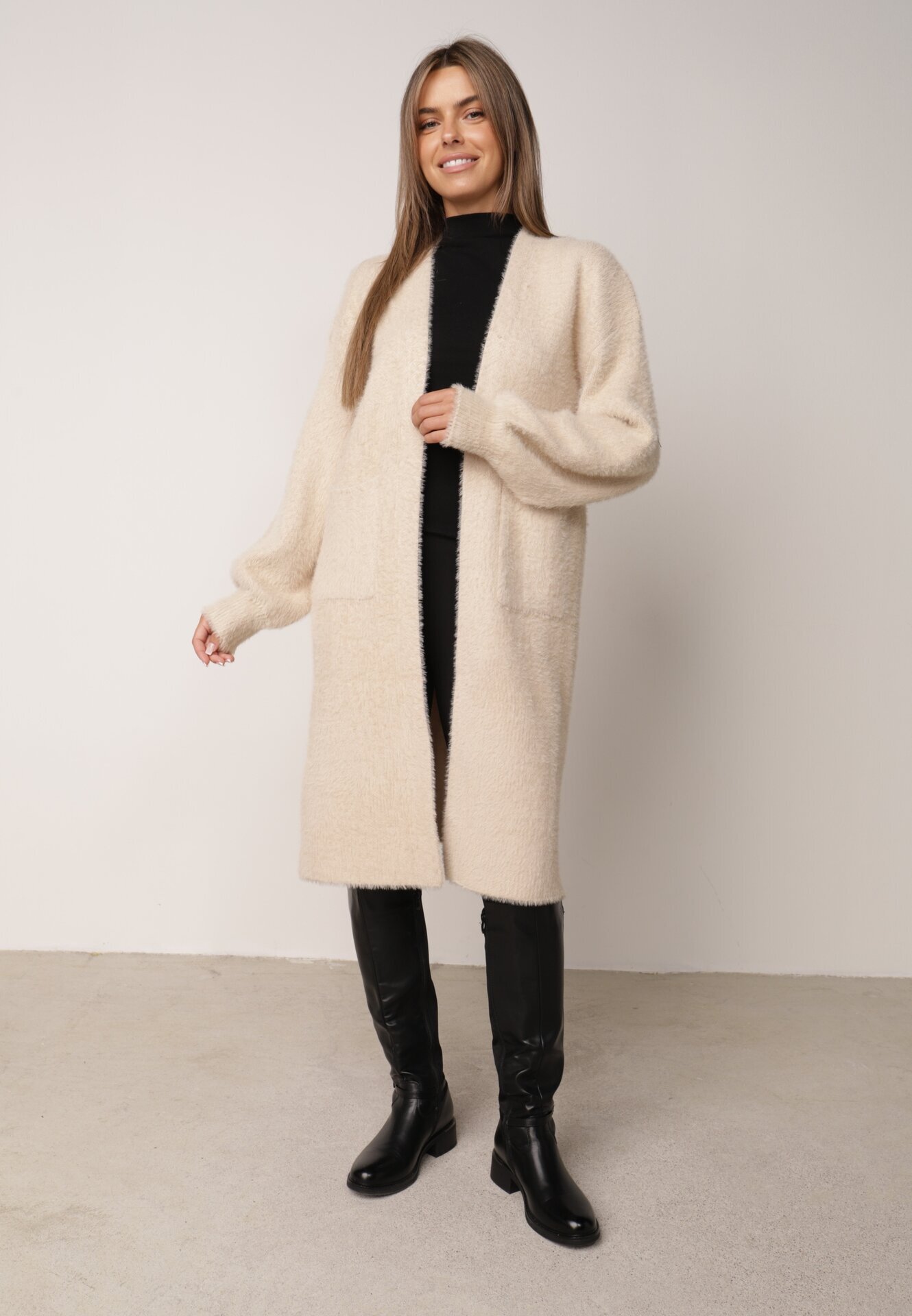 j&x Cardigan lung cu bumbac și lână fără închidere Junibe Bej