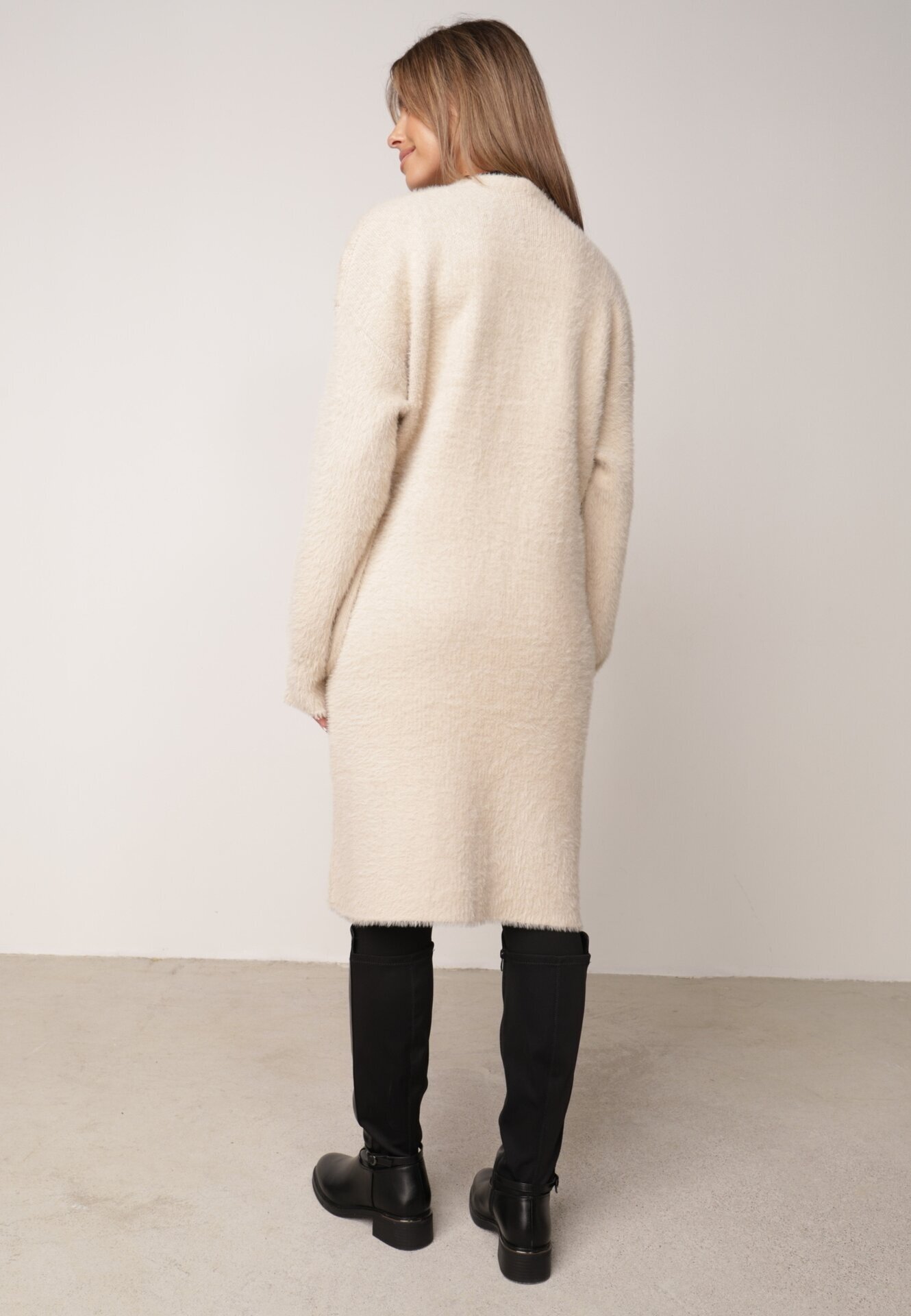 j&x Cardigan lung cu bumbac și lână fără închidere Junibe Bej
