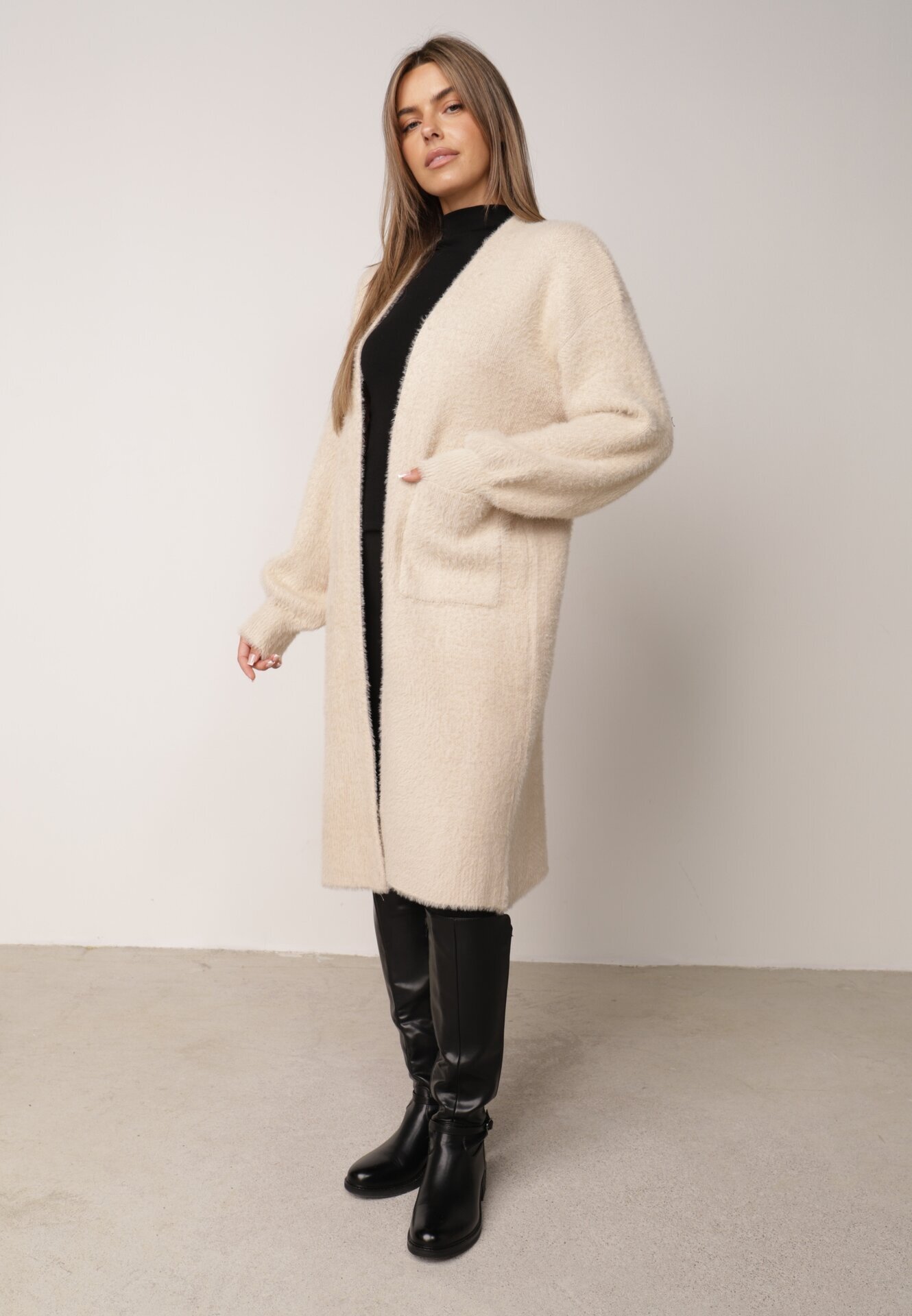 j&x Cardigan lung cu bumbac și lână fără închidere Junibe Bej