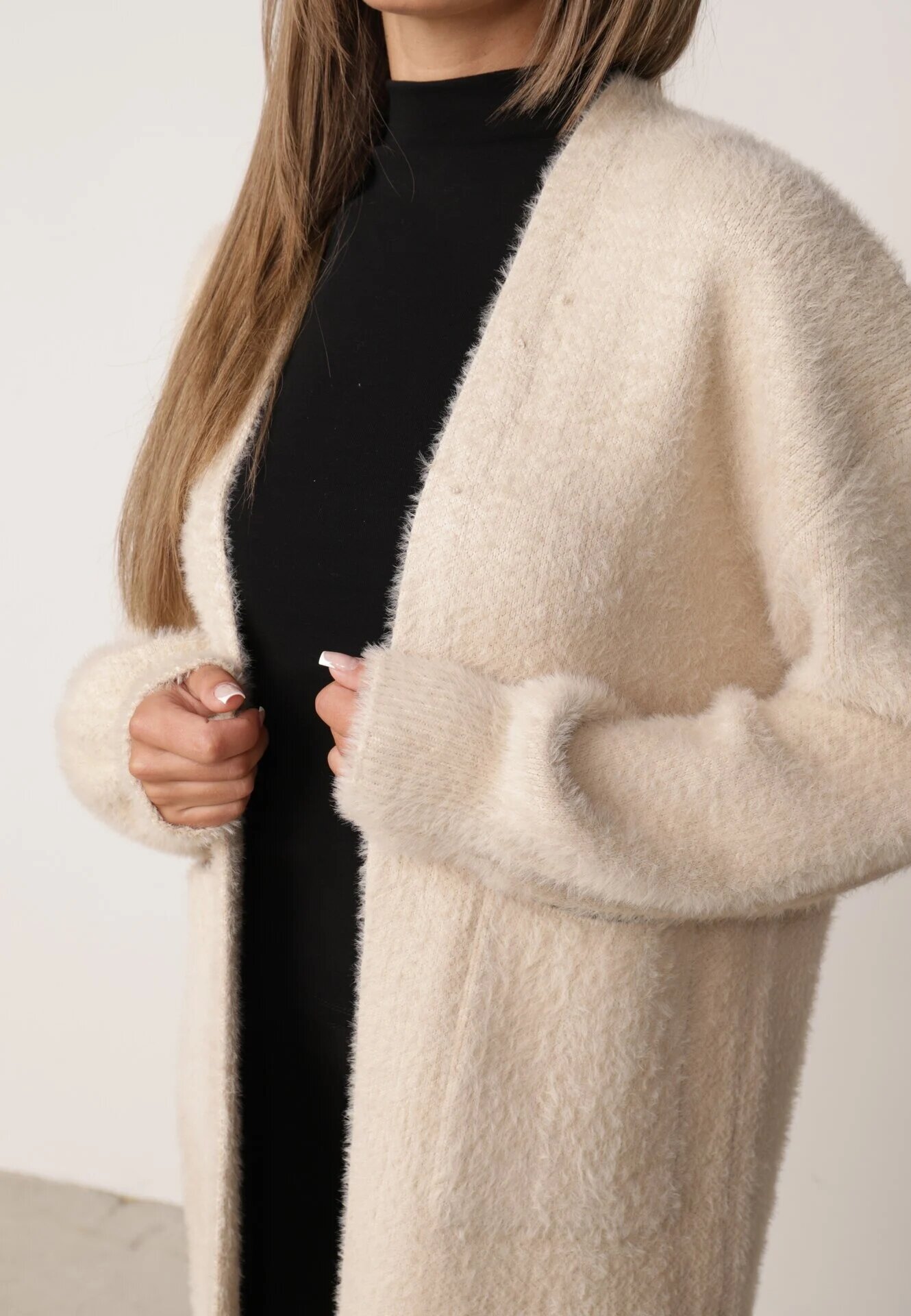 j&x Cardigan lung cu bumbac și lână fără închidere Junibe Bej