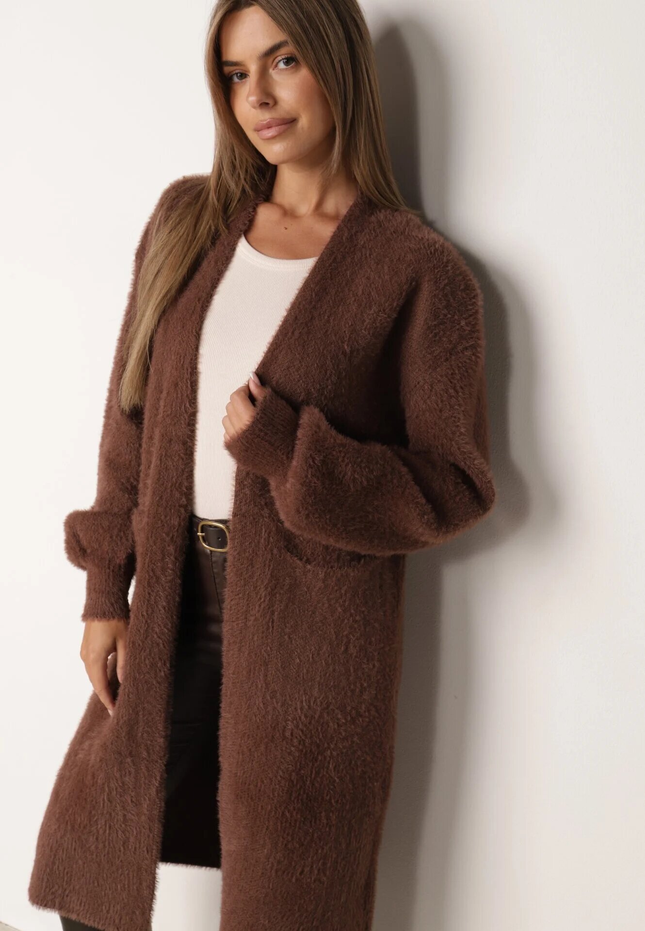 j&x Cardigan lung cu bumbac și lână fără închidere Junibe Maro