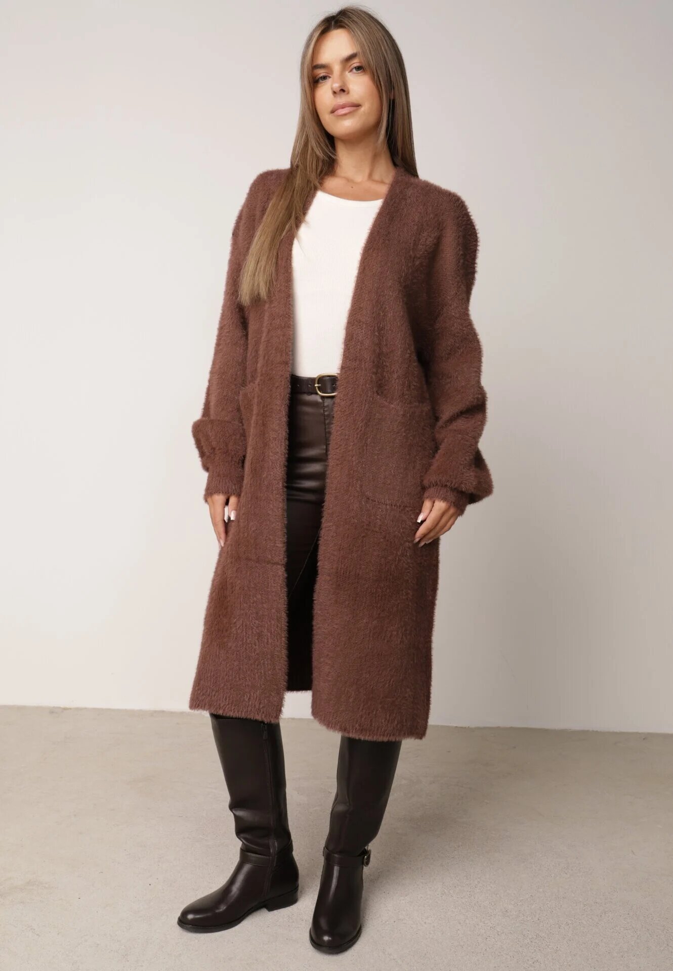 j&x Cardigan lung cu bumbac și lână fără închidere Junibe Maro