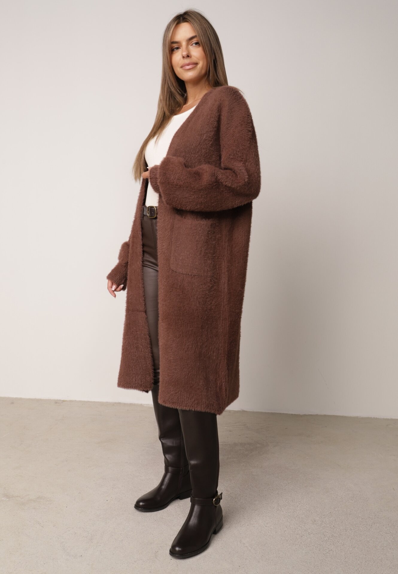 j&x Cardigan lung cu bumbac și lână fără închidere Junibe Maro