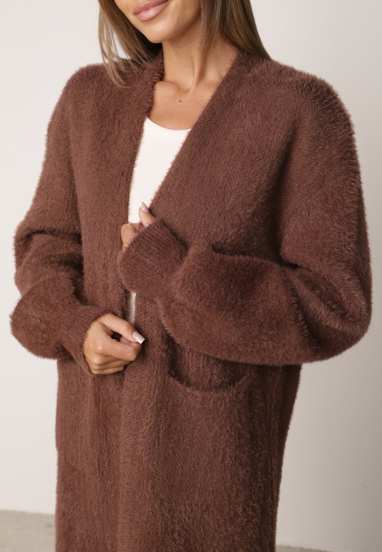 j&x Cardigan lung cu bumbac și lână fără închidere Junibe Maro