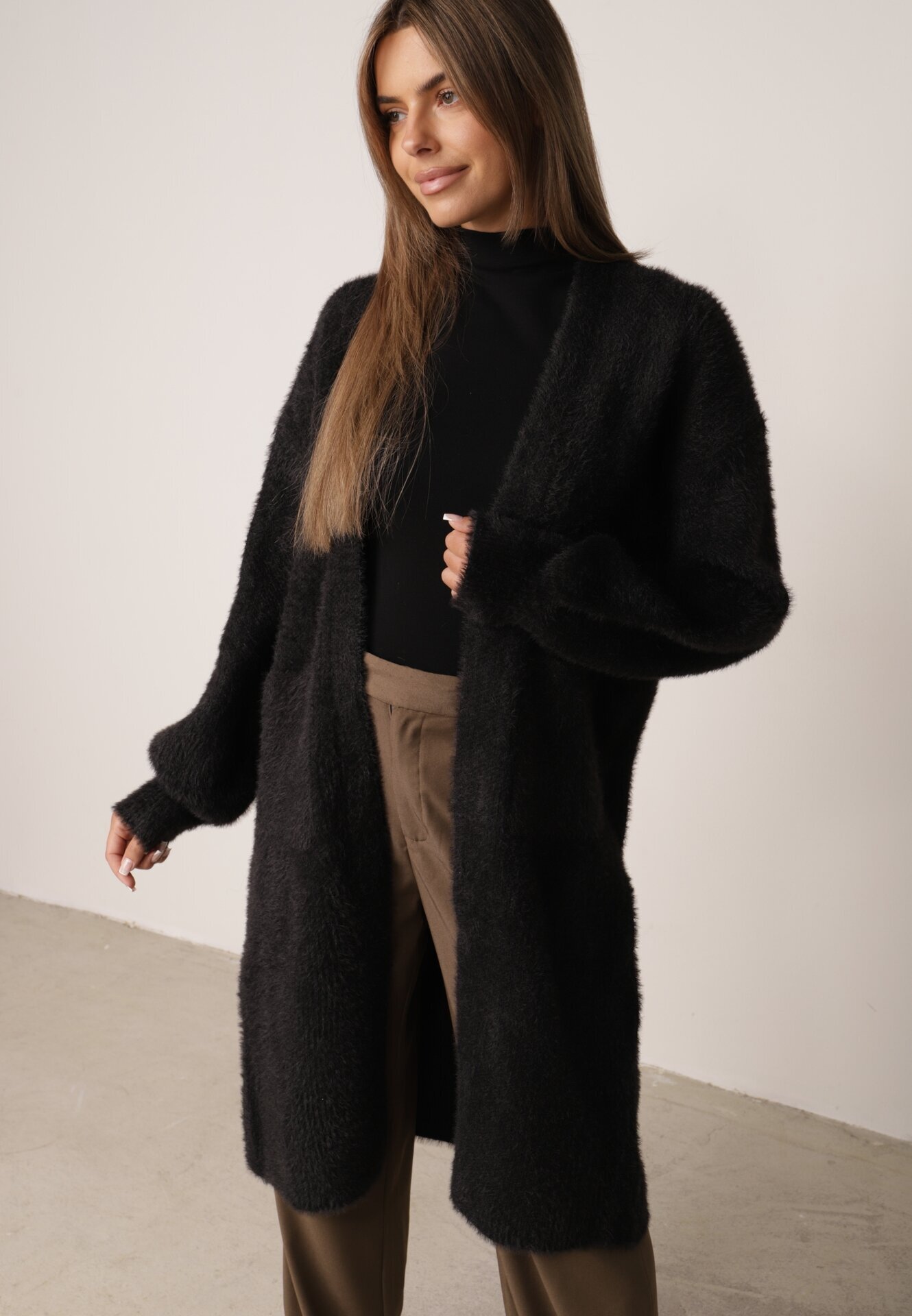j&x Cardigan lung cu bumbac și lână fără închidere Junibe Negru