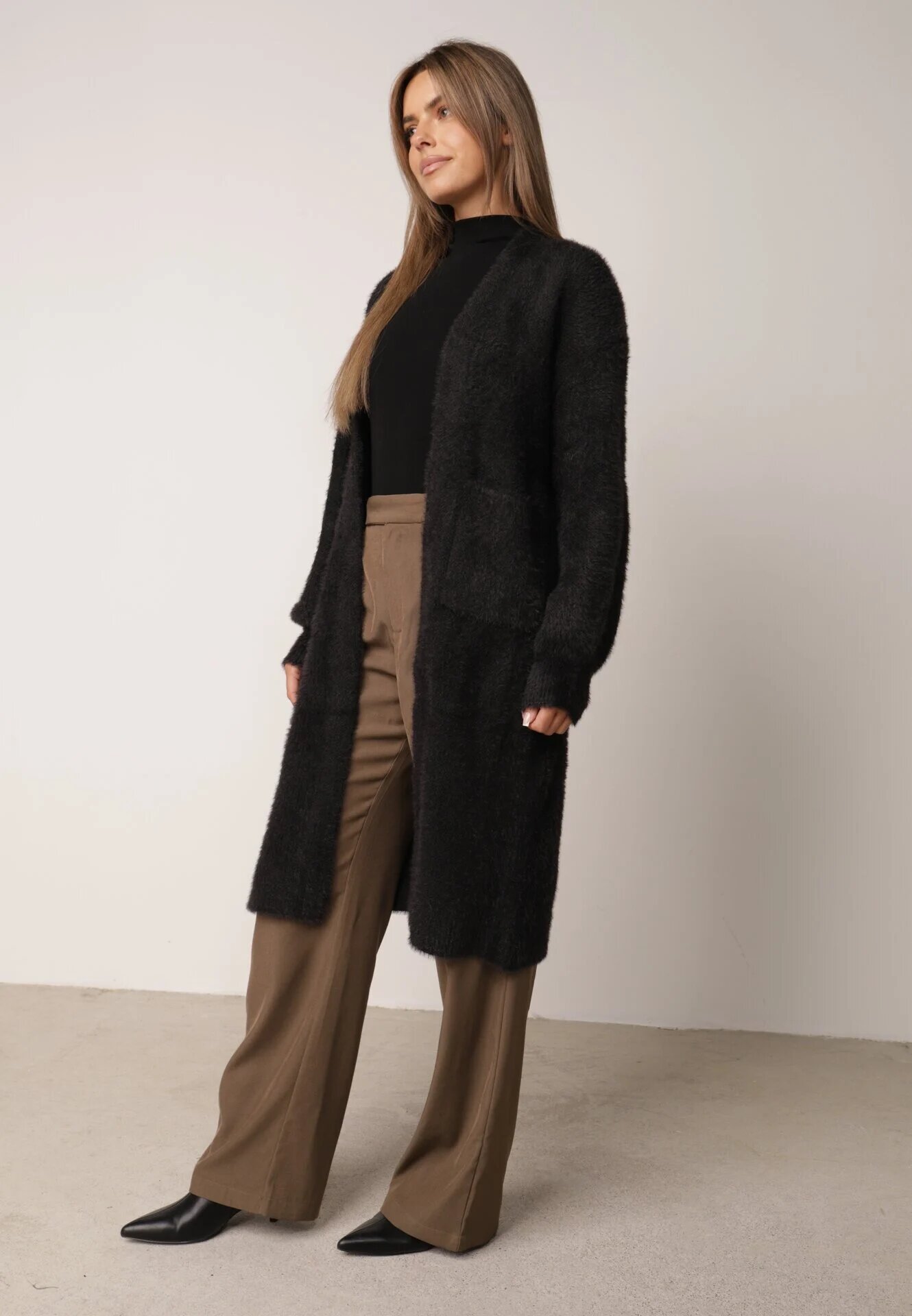 j&x Cardigan lung cu bumbac și lână fără închidere Junibe Negru