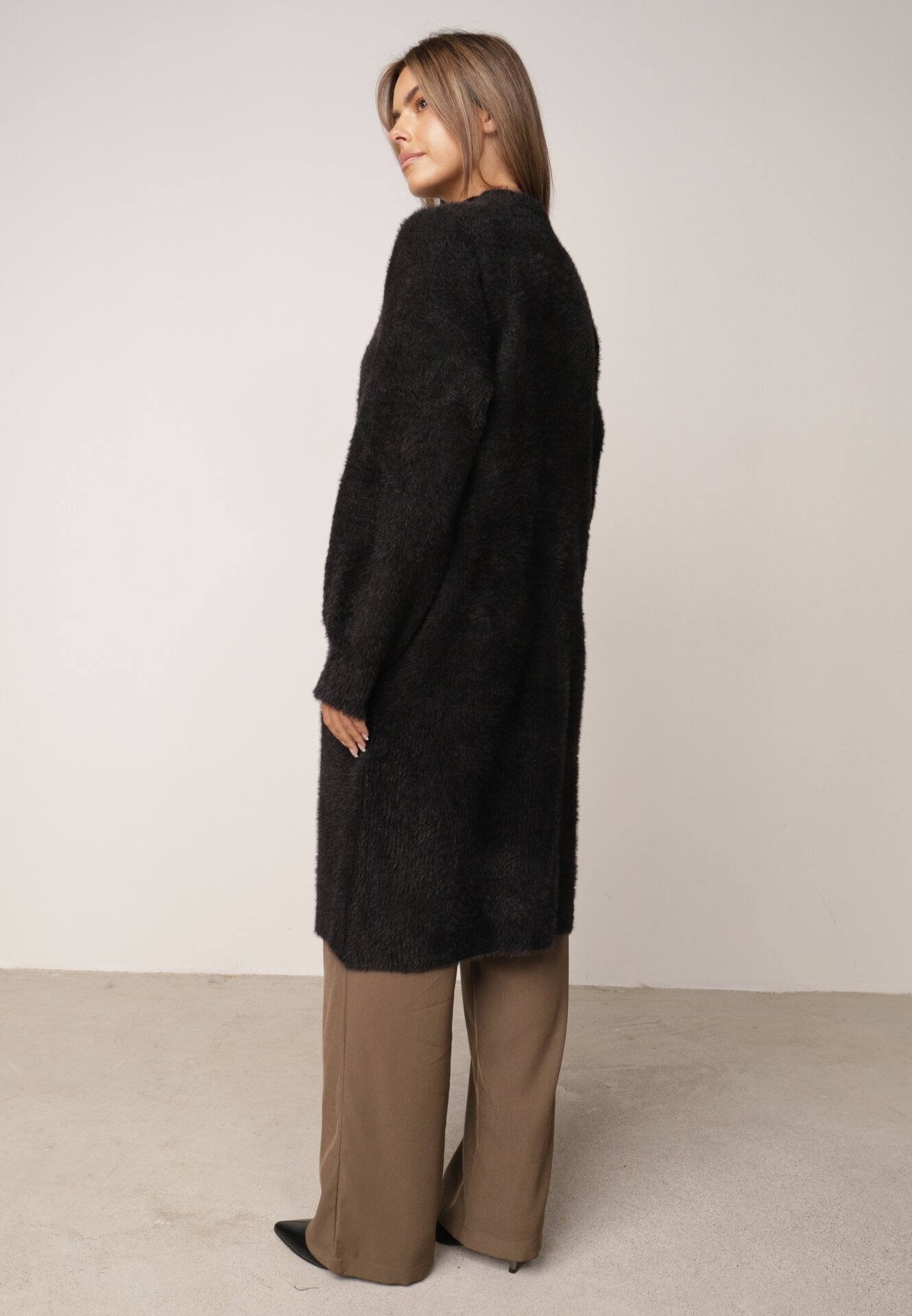 j&x Cardigan lung cu bumbac și lână fără închidere Junibe Negru