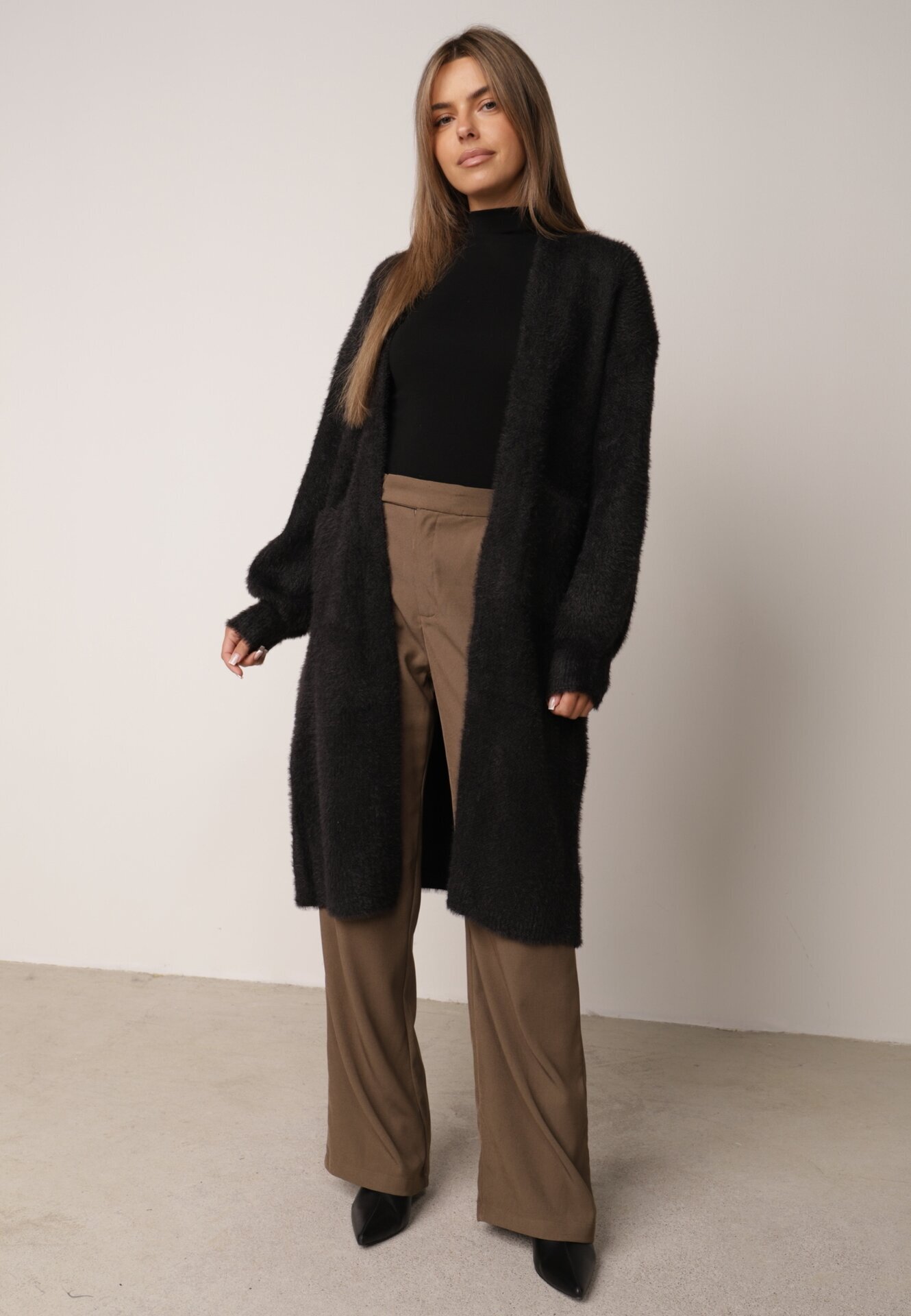 j&x Cardigan lung cu bumbac și lână fără închidere Junibe Negru