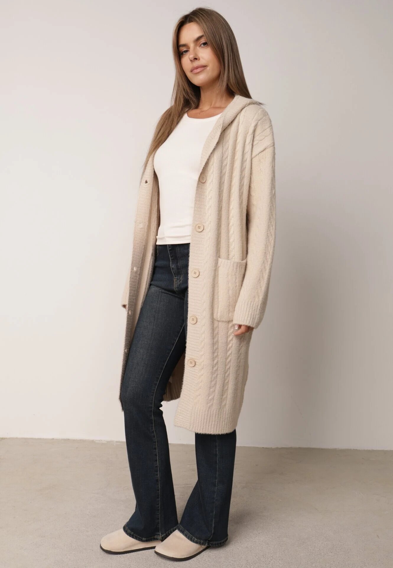j&x Cardigan lung descheiat cu bumbac lână și glugă cu împletituri Jadani Bej