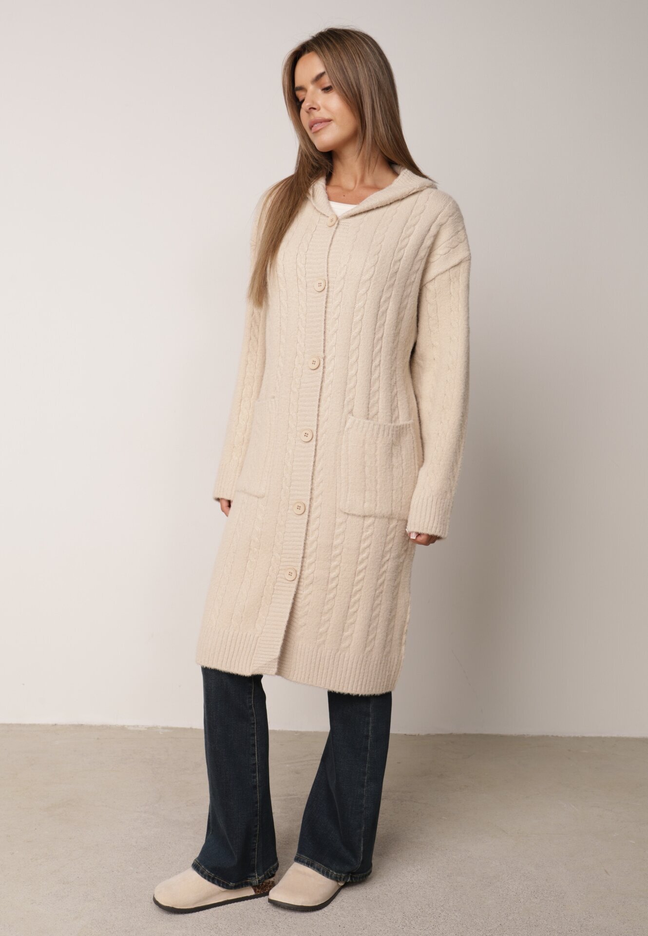 j&x Cardigan lung descheiat cu bumbac lână și glugă cu împletituri Jadani Bej