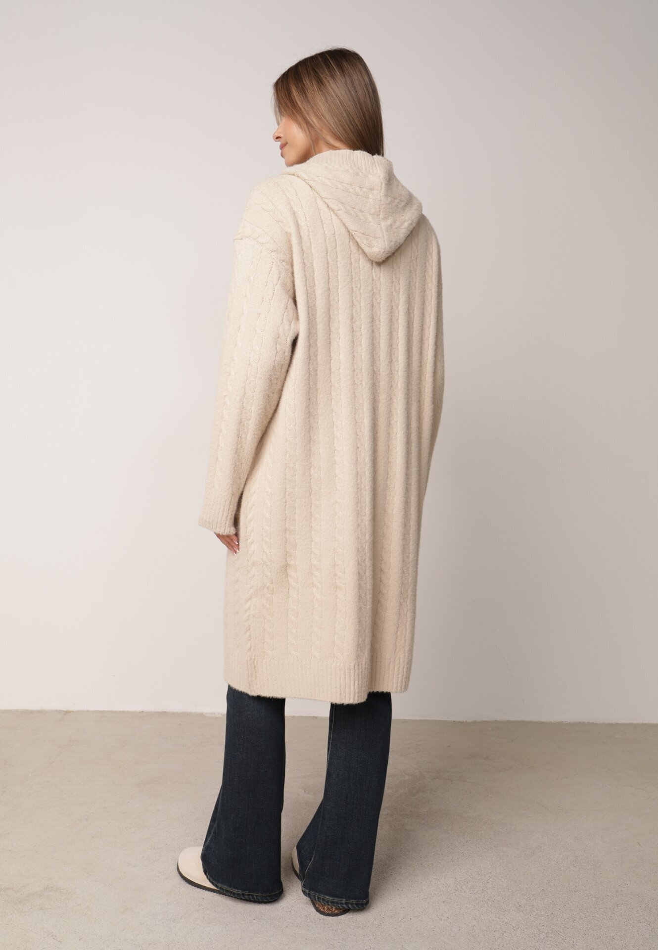 j&x Cardigan lung descheiat cu bumbac lână și glugă cu împletituri Jadani Bej