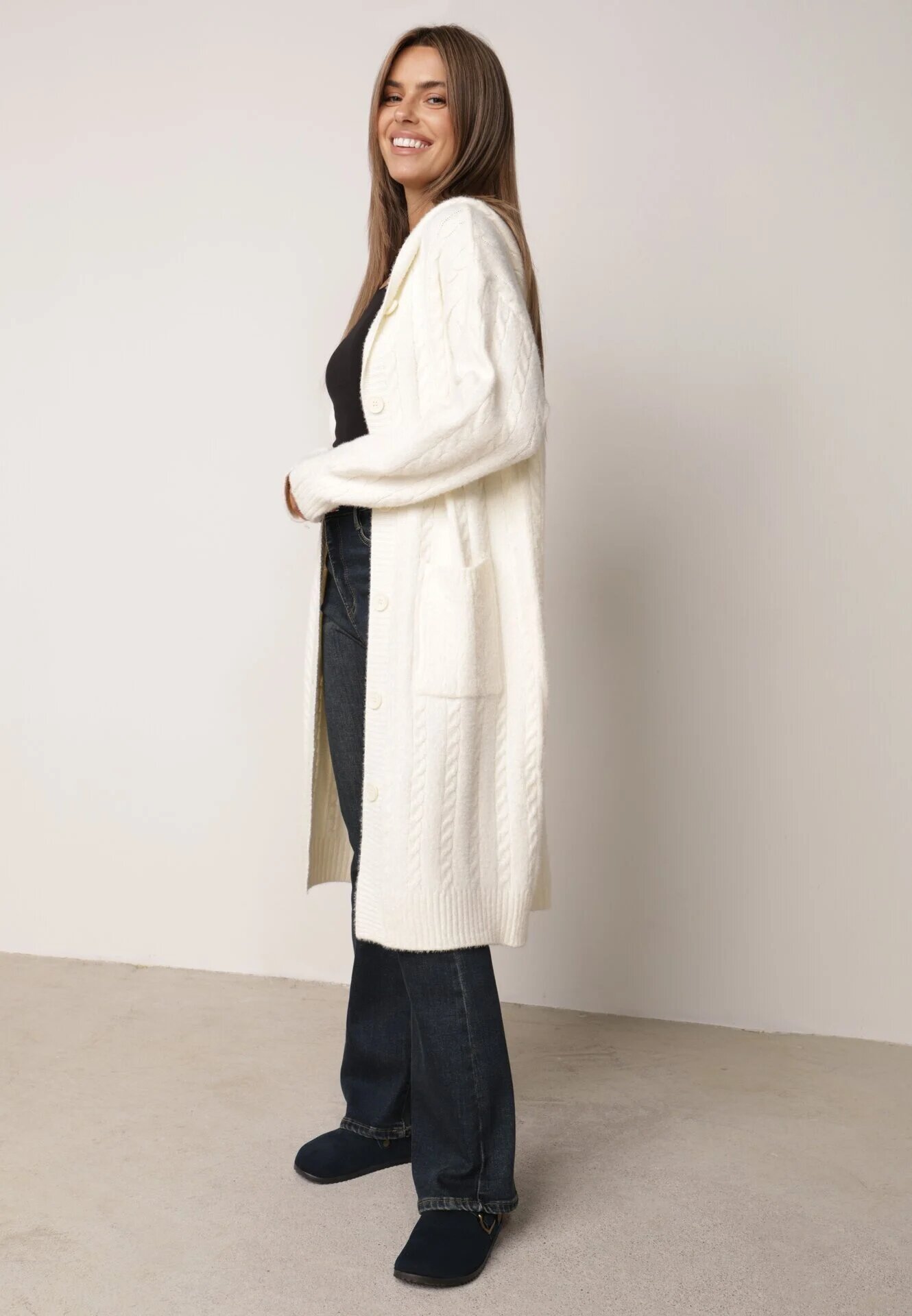 j&x Cardigan lung descheiat cu bumbac lână și glugă cu împletituri Jadani Bej deschis