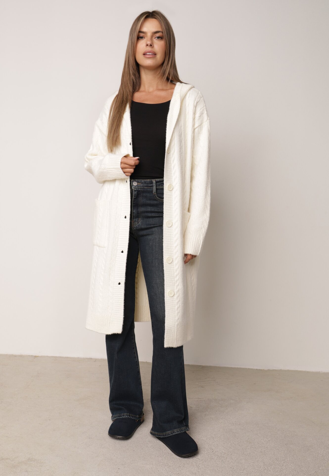j&x Cardigan lung descheiat cu bumbac lână și glugă cu împletituri Jadani Bej deschis