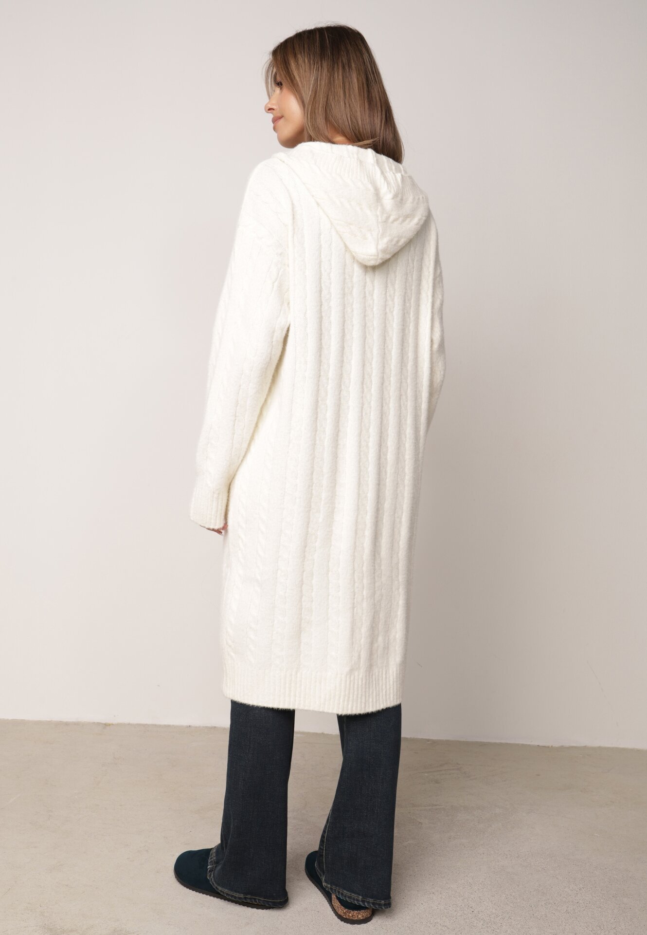 j&x Cardigan lung descheiat cu bumbac lână și glugă cu împletituri Jadani Bej deschis