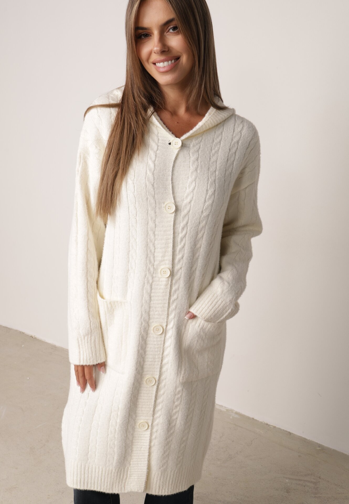 j&x Cardigan lung descheiat cu bumbac lână și glugă cu împletituri Jadani Bej deschis